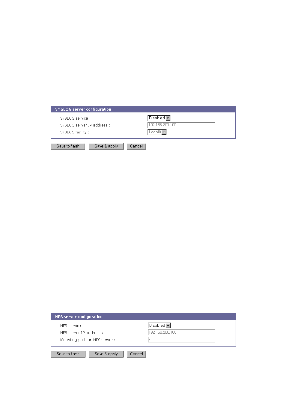 Syslog server configuration, Nfs server configuration | SENA STS Series User Manual | Page 32 / 131