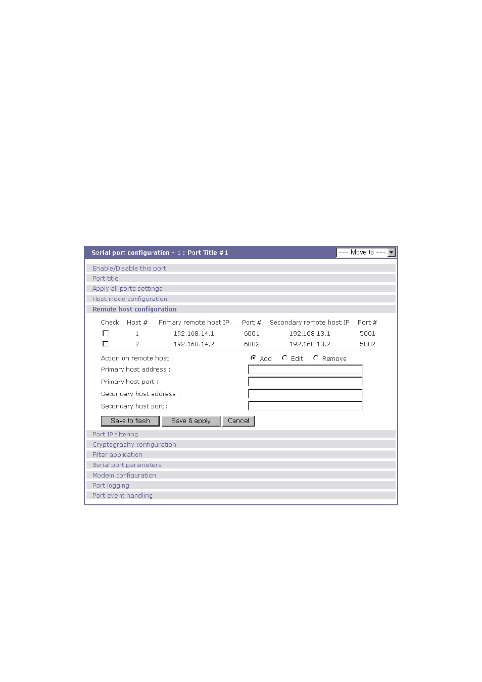 Remote host configuration, Port ip filtering configuration | SENA STS Series User Manual | Page 51 / 131