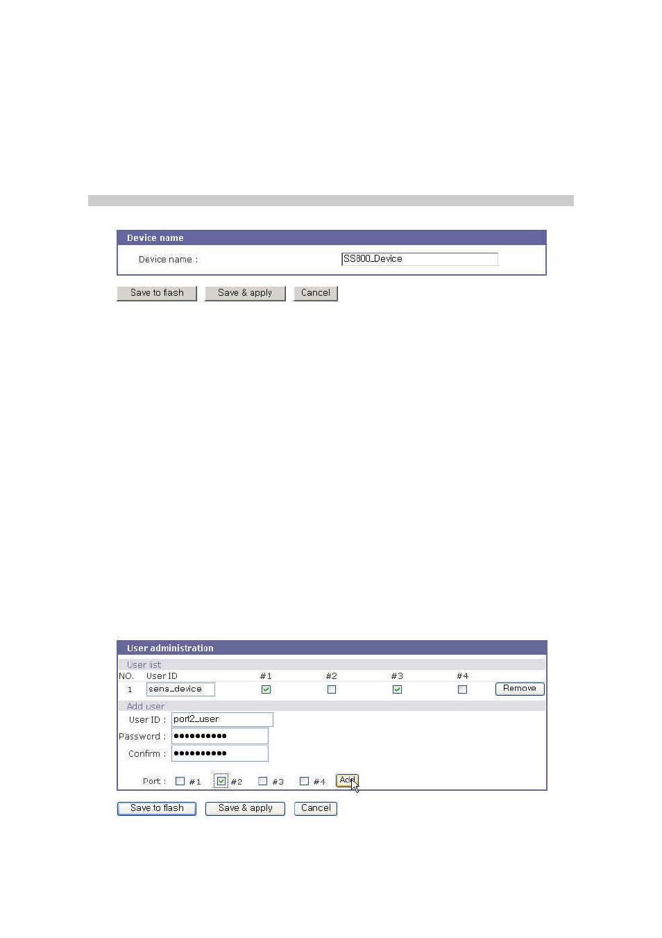 Device name configuration, User administration | SENA STS Series User Manual | Page 77 / 131