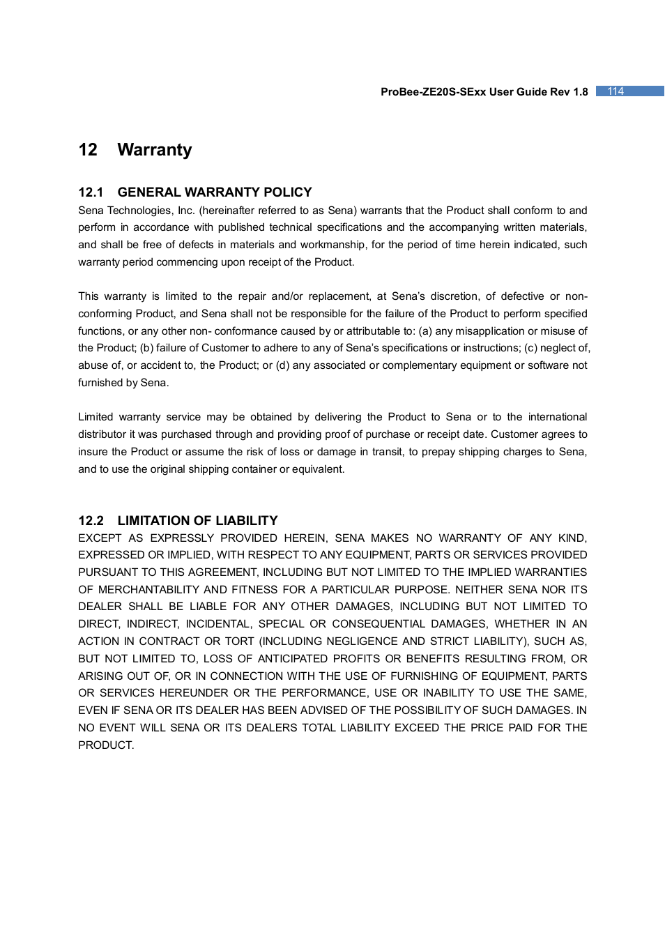 12 warranty | SENA ProBee-ZE20S-SEME User Manual | Page 114 / 118