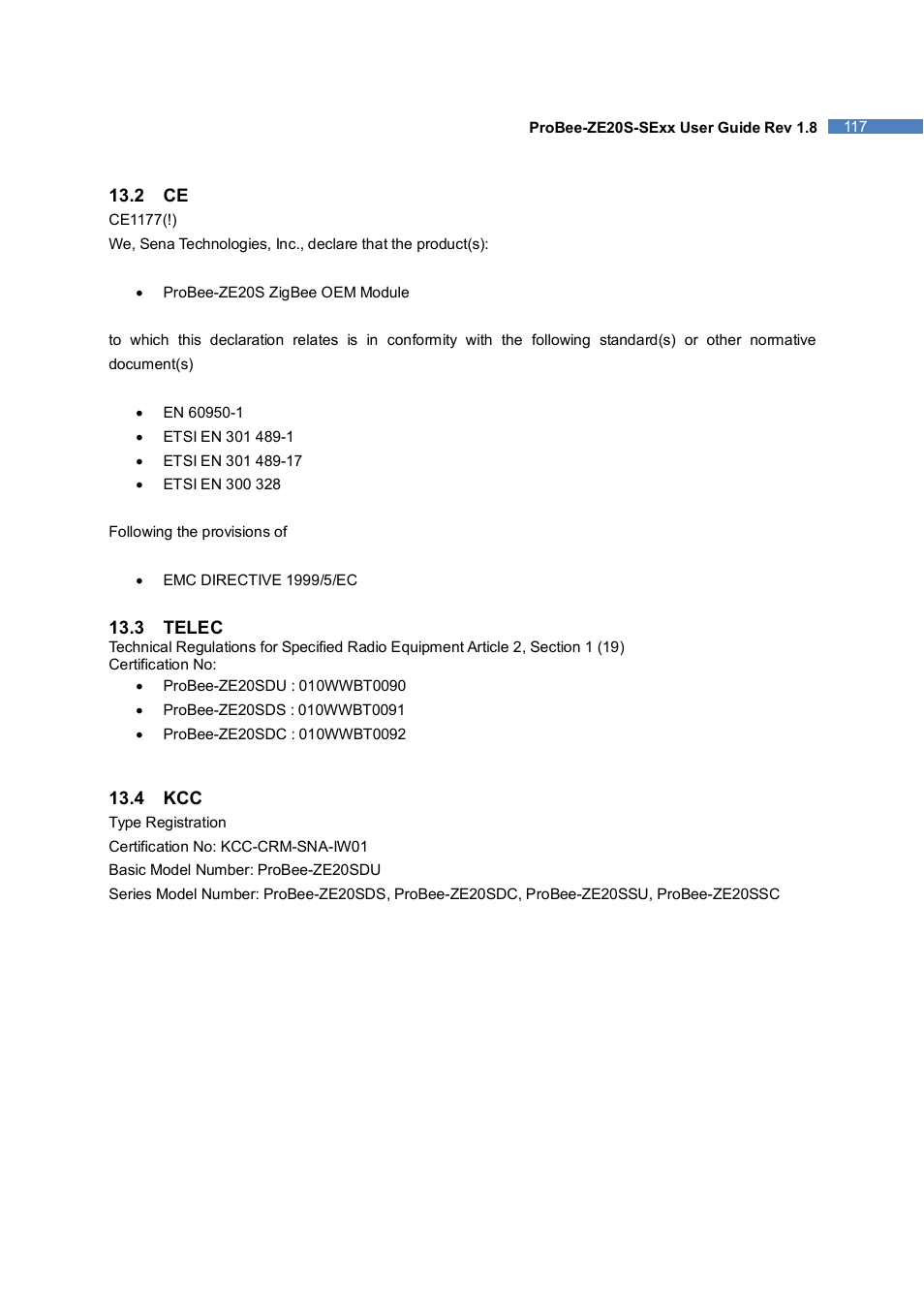 SENA ProBee-ZE20S-SEME User Manual | Page 117 / 118