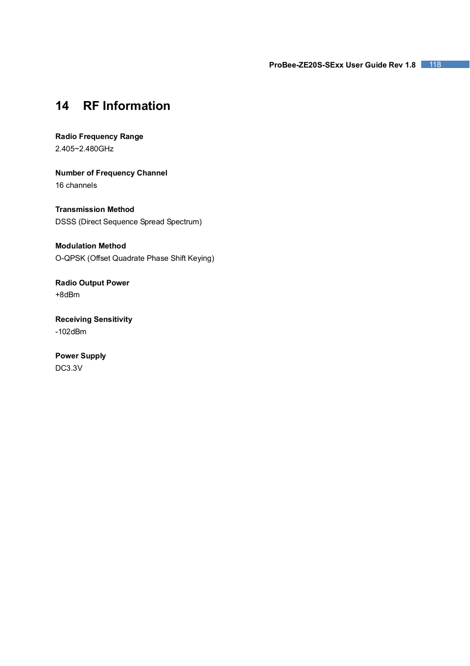 14 rf information | SENA ProBee-ZE20S-SEME User Manual | Page 118 / 118