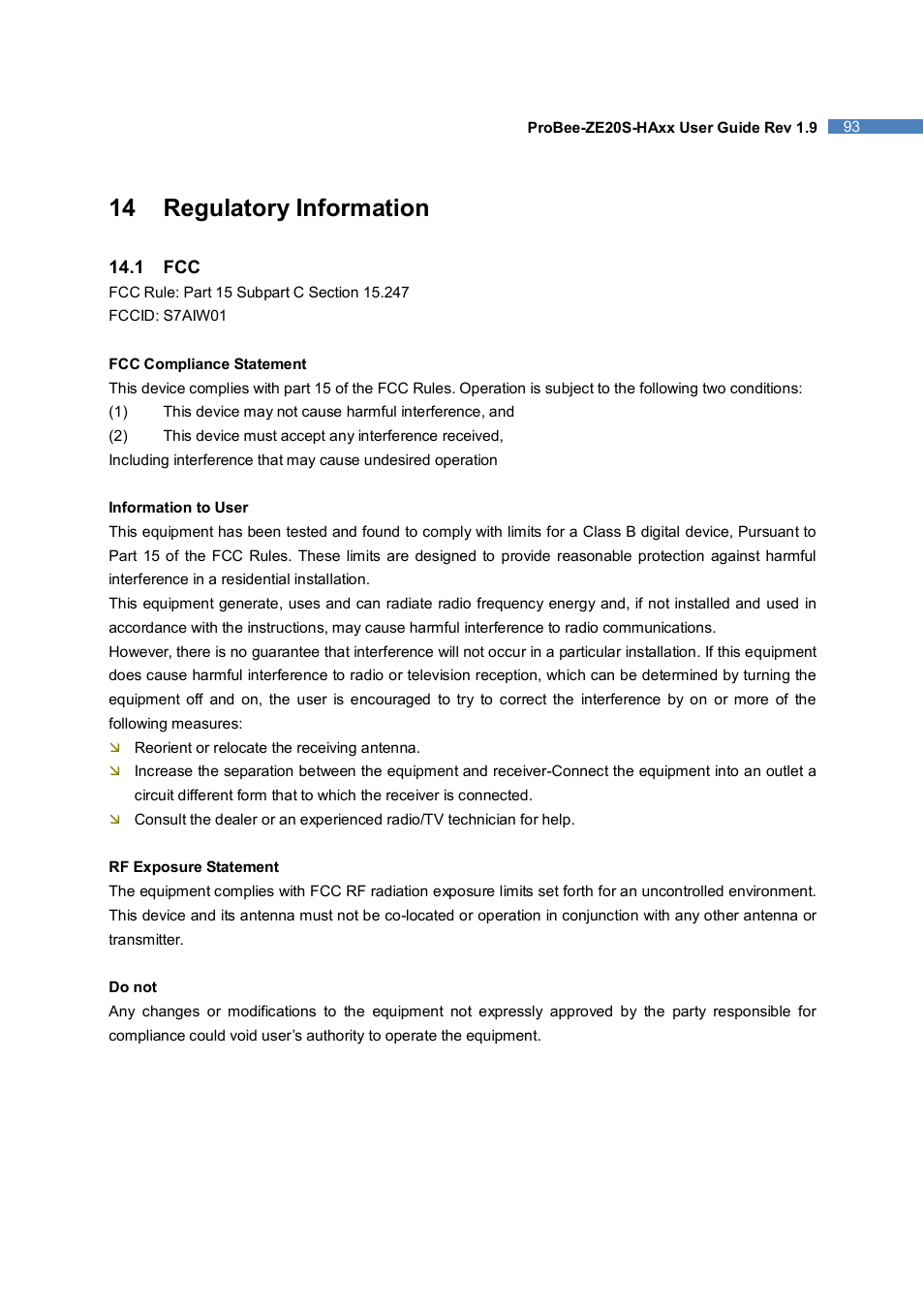 14 regulatory information | SENA ProBee-ZE20S-HAOL User Manual | Page 93 / 95