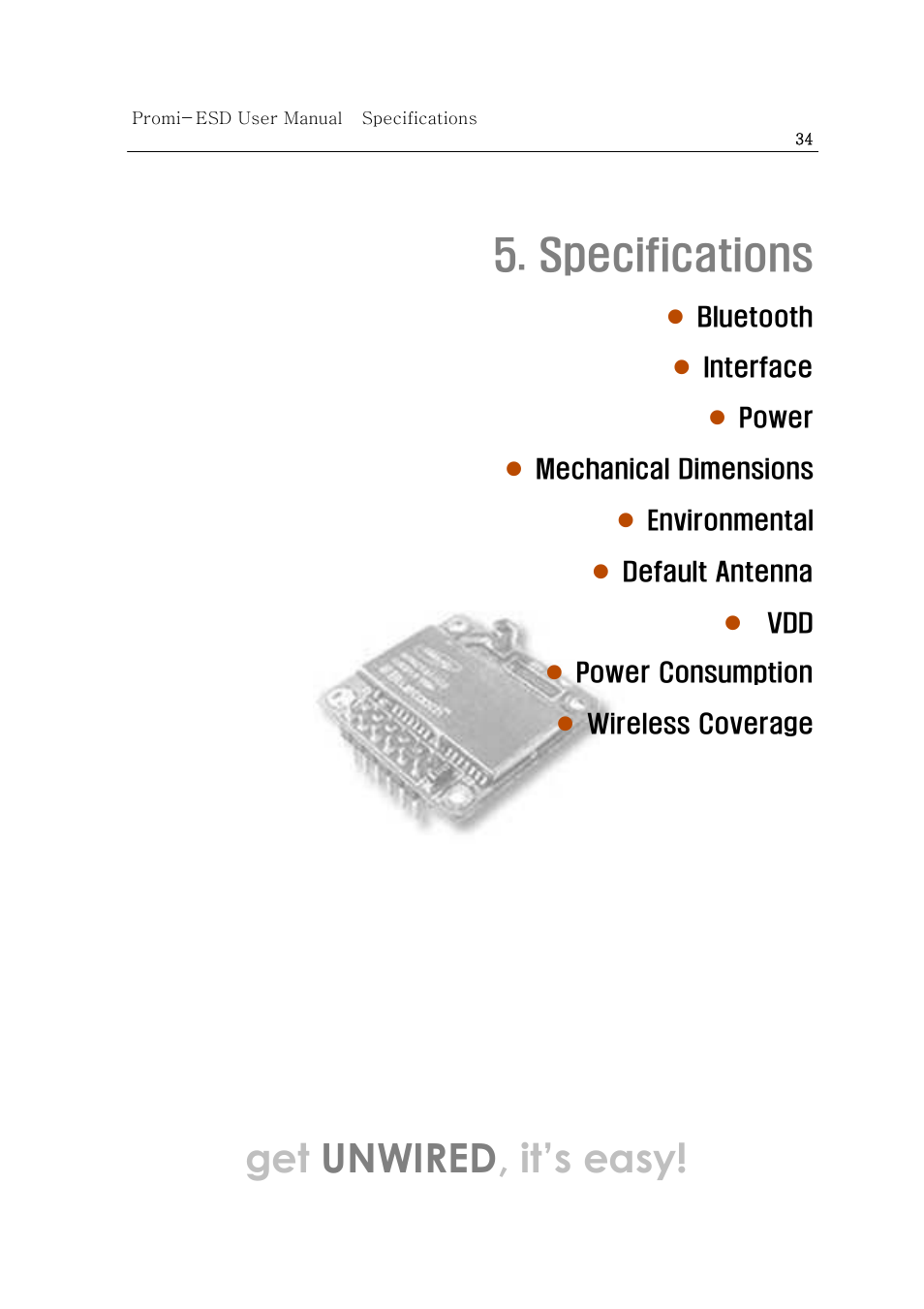 Specifications, Get unwired , it’s easy! 5. specifications | SENA Promi-ESD02 User Manual | Page 34 / 63