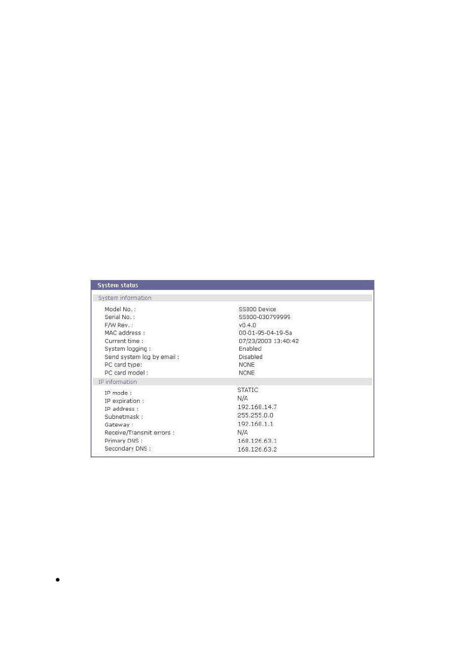 System administration, System status, System logging | SENA SS800 User Manual | Page 77 / 138