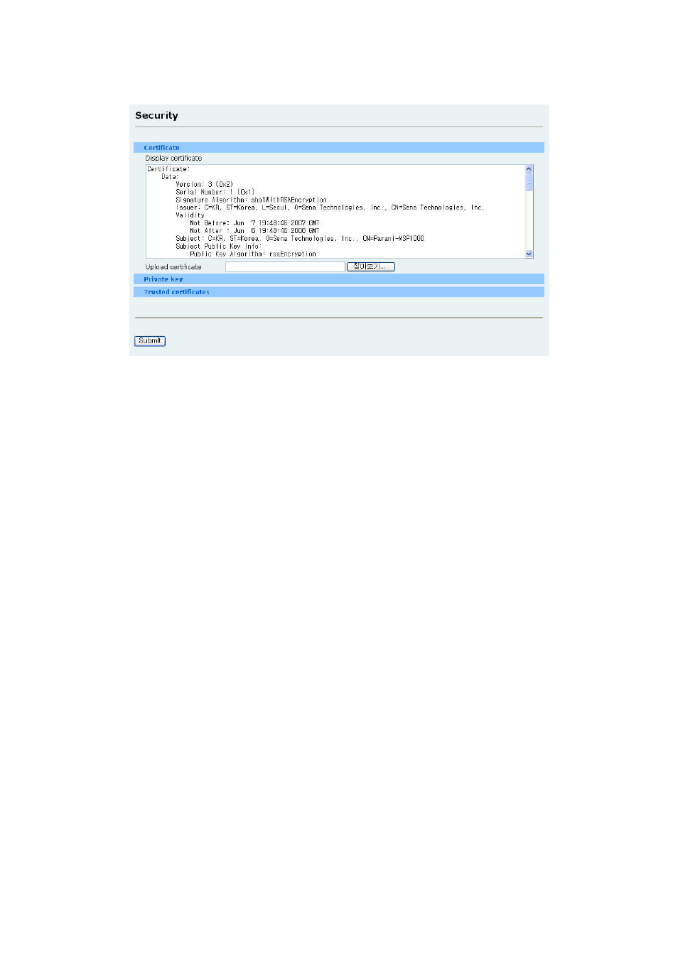 Changing certificate, Changing private key, Uploading a new trusted ca certificate | SENA Parani-MSP1000 User Manual | Page 50 / 82