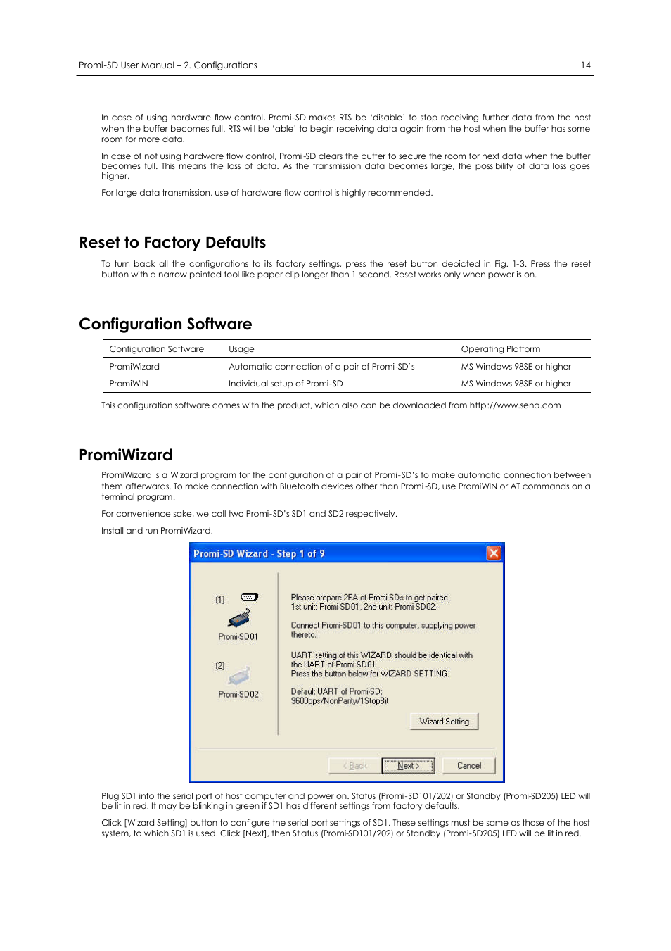 Reset to factory defaults, Configuration software, Promiwizard | SENA Promi-SD 205 User Manual | Page 18 / 54