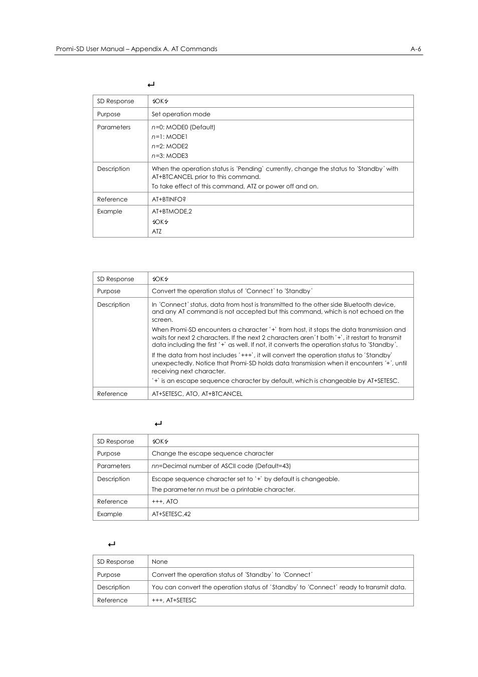 9at+btmode, n, 11 at+setesc, nn, 12 ato | SENA Promi-SD 205 User Manual | Page 42 / 54