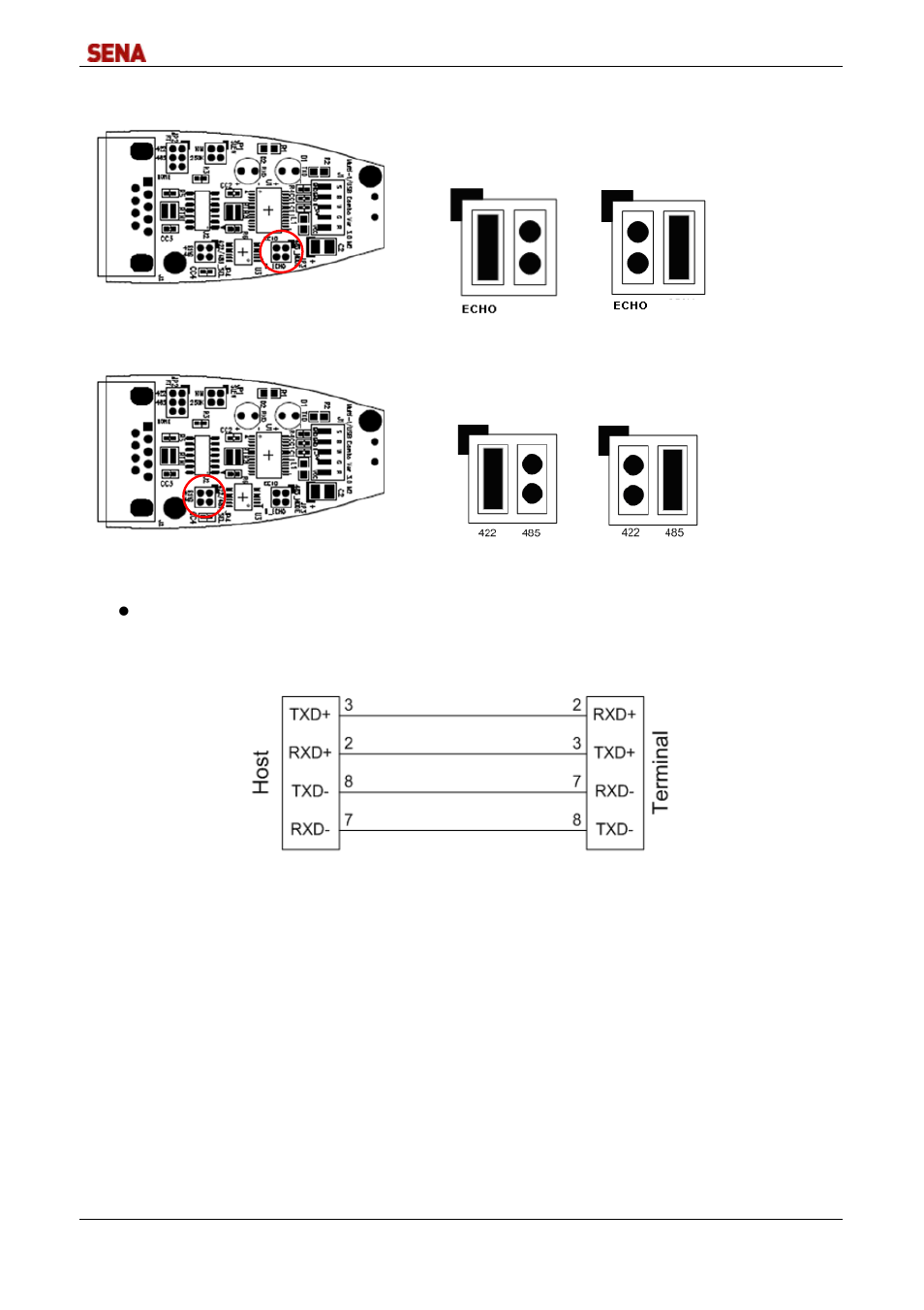 4 jp3 rt: rs485 echo/non-echo mode settings, 5 jp4 422/485 sel: rs422/rs485 interface settings, 6 rs422 point-to-point/multi-drop settings | 7 line connection for rs422 point-to-point | SENA DirectPort-USB User Manual | Page 8 / 36