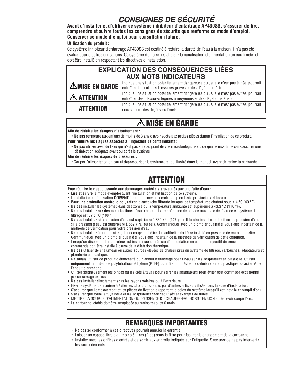 Mise en garde attention, Consignes de sécurité, Remarques importantes | Aqua-Pure AP430SS User Manual | Page 11 / 16