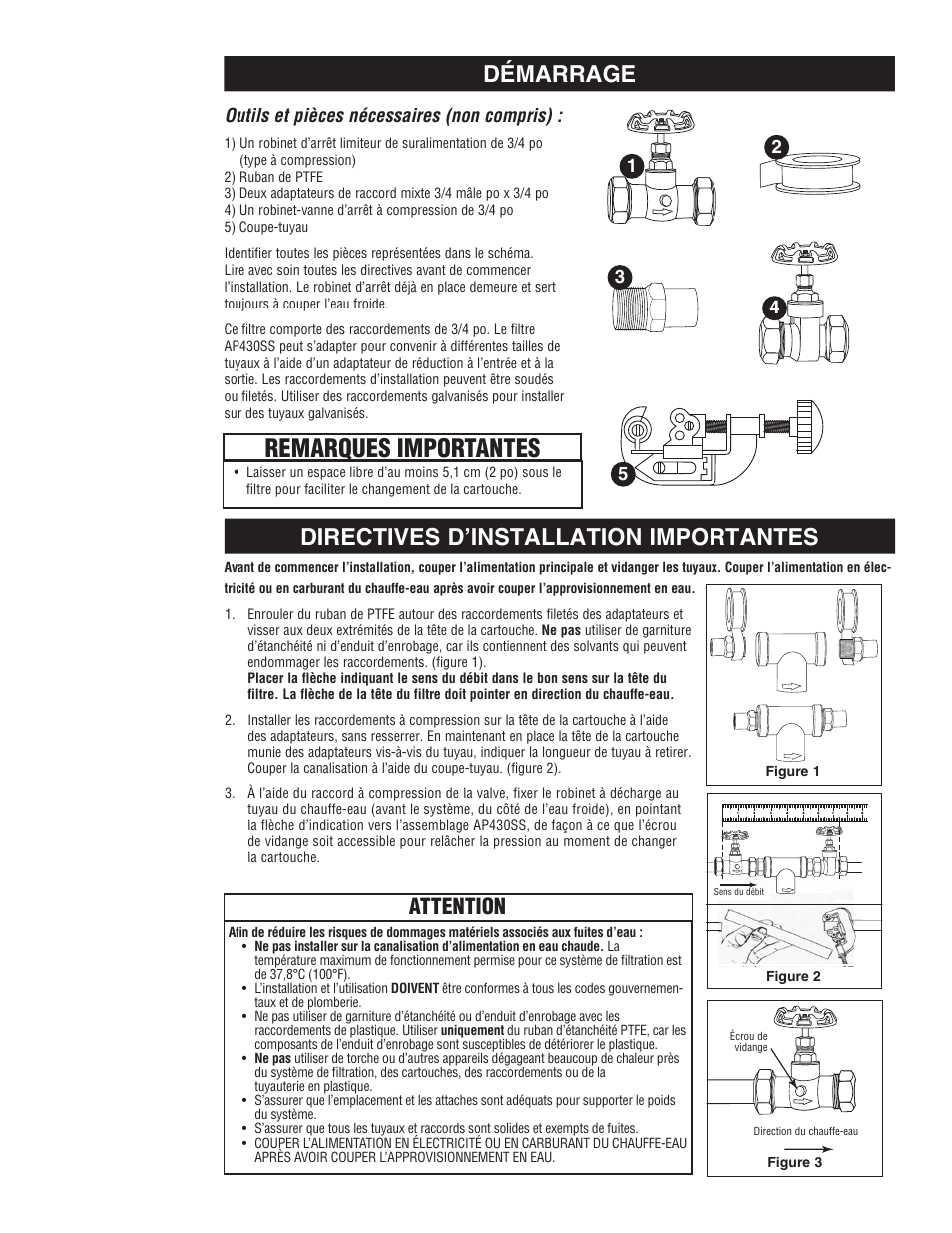 Remarques importantes, Démarrage, Directives d’installation importantes | Attention, Outils et pièces nécessaires (non compris) | Aqua-Pure AP430SS User Manual | Page 12 / 16