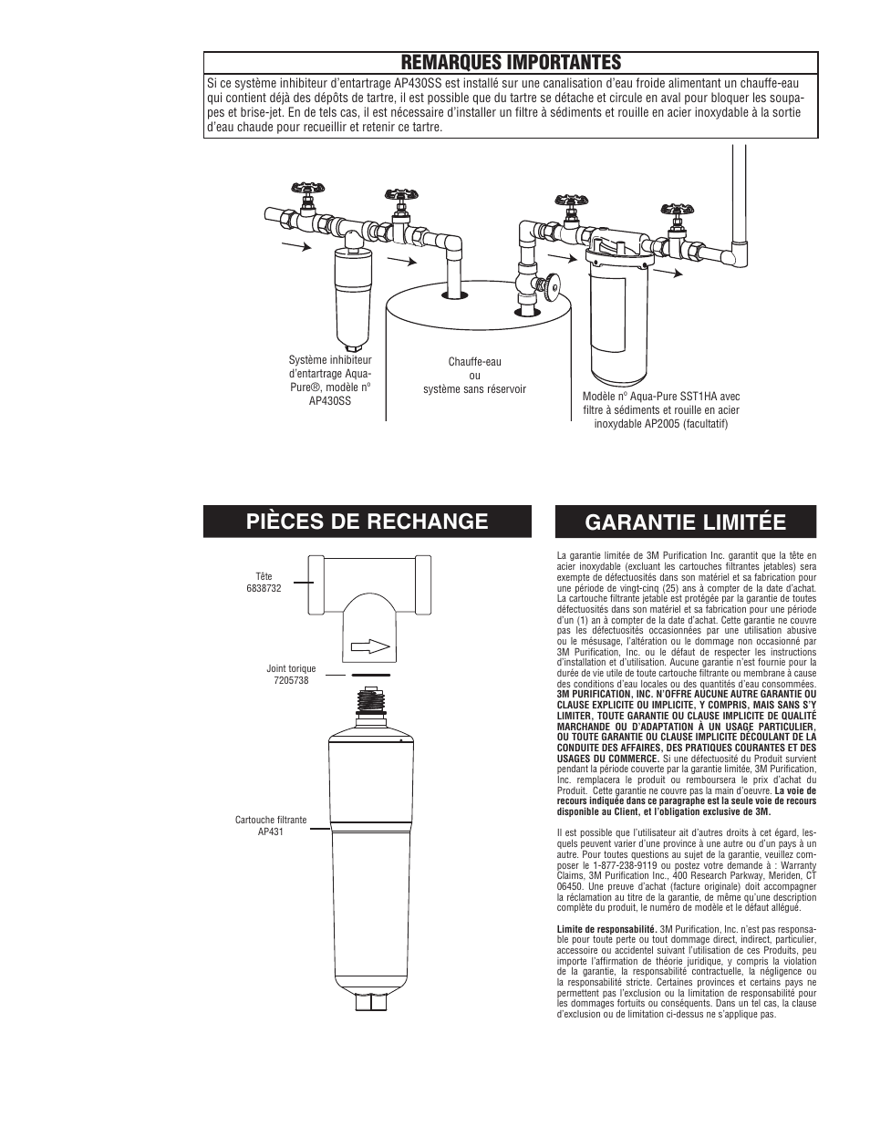Pièces de rechange, Garantie limitée, Remarques importantes | Aqua-Pure AP430SS User Manual | Page 14 / 16