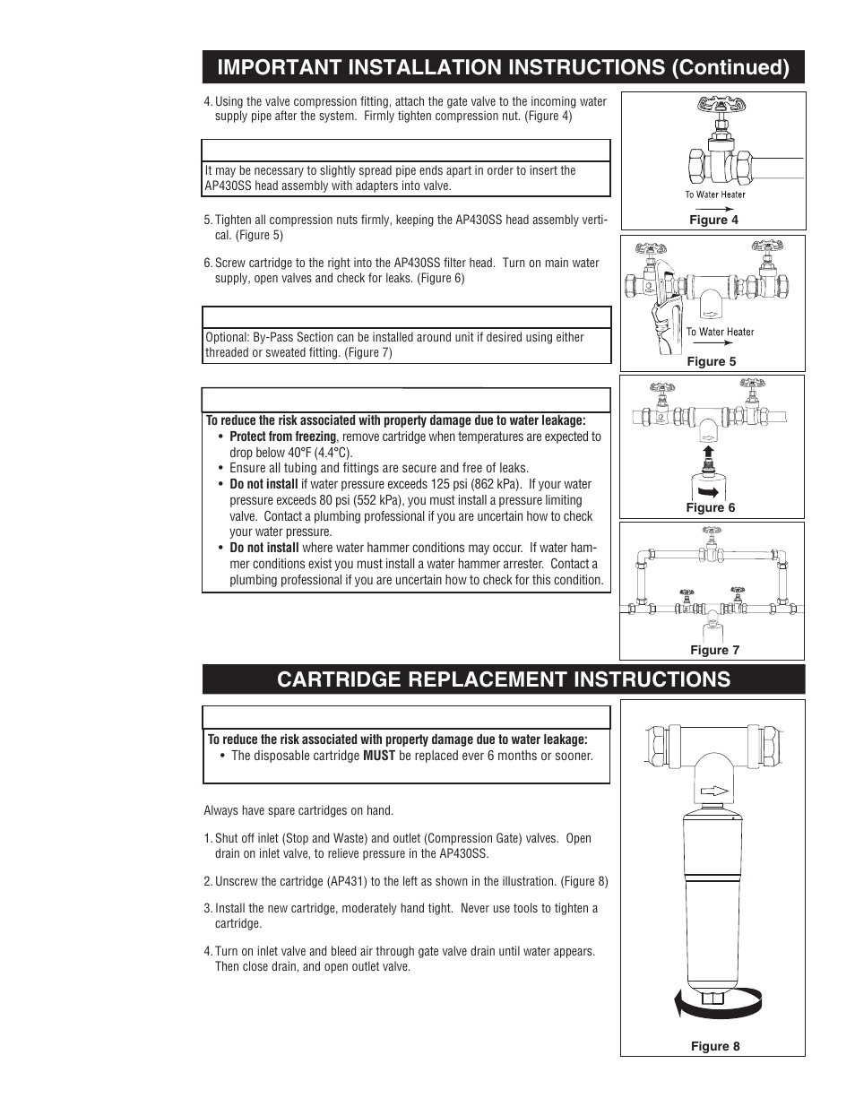 Important installation instructions (continued), Cartridge replacement instructions, Caution | Aqua-Pure AP430SS User Manual | Page 5 / 16