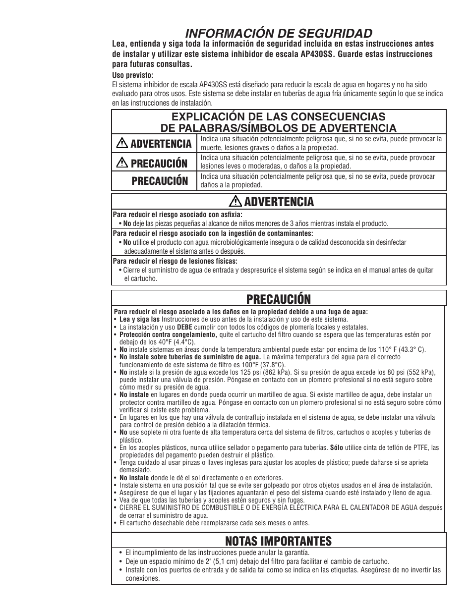 Información de seguridad, Advertencia, Precaución notas importantes | Aqua-Pure AP430SS User Manual | Page 7 / 16