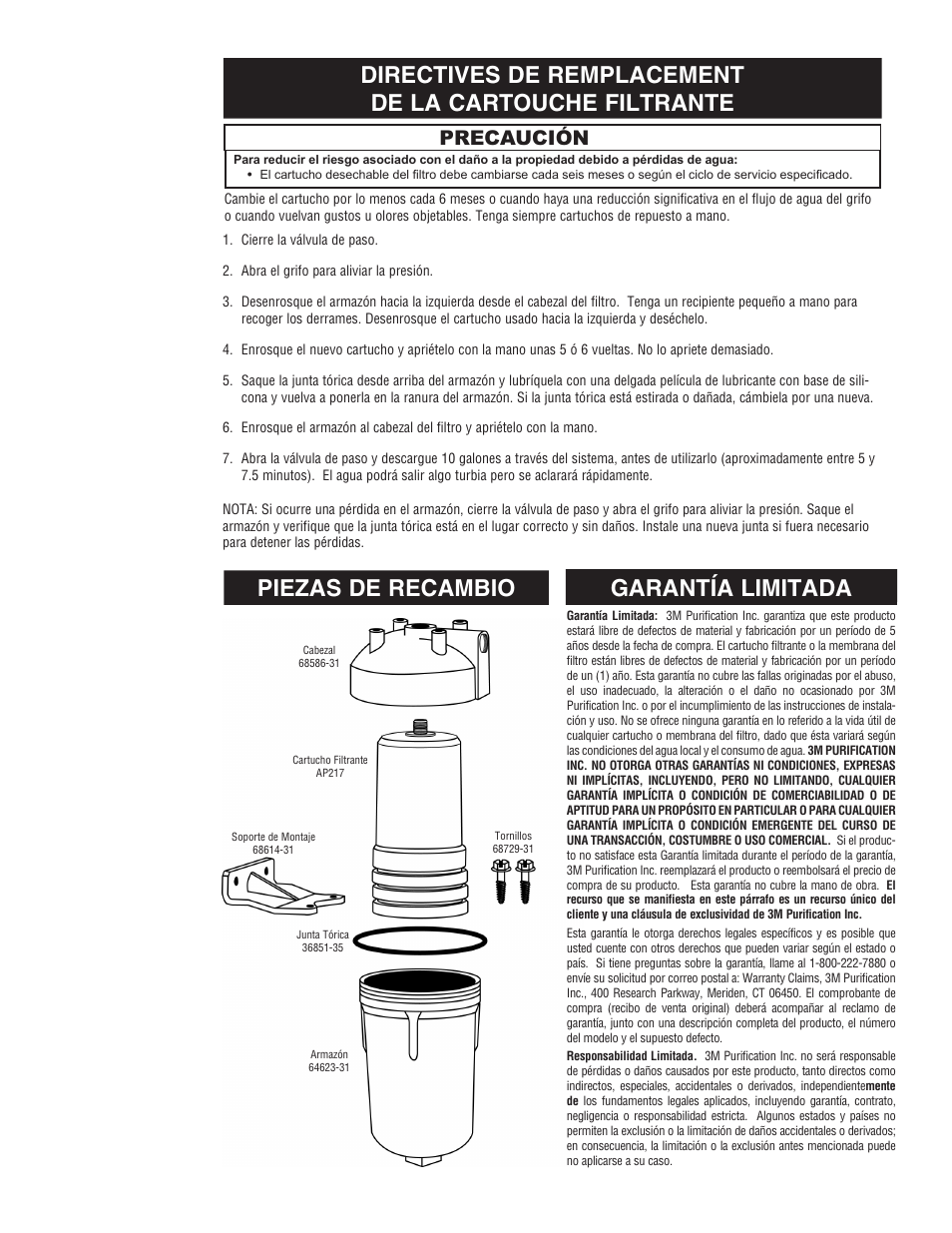 Piezas de recambio garantía limitada, Precaución | Aqua-Pure AP200 User Manual | Page 10 / 16