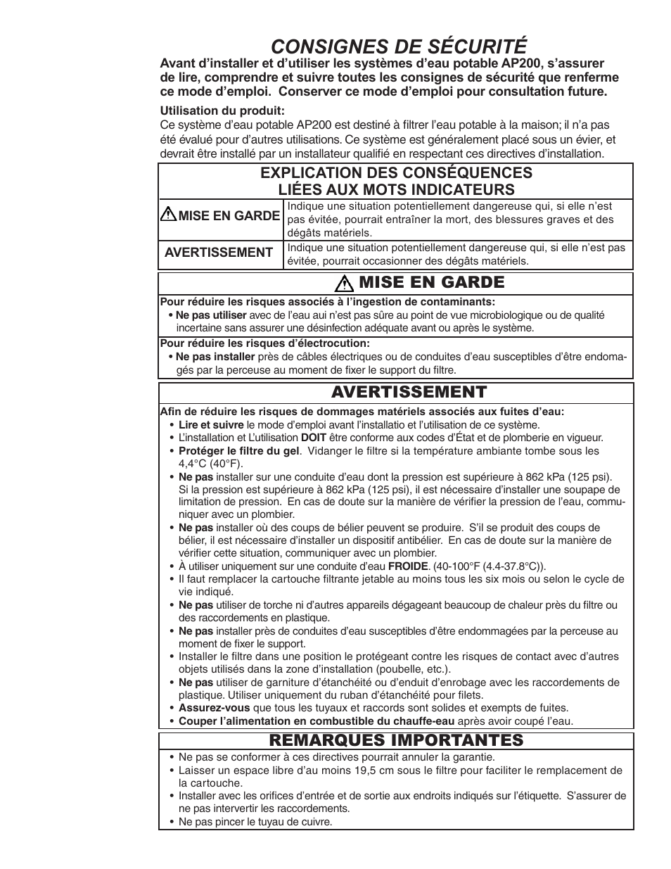 Consignes de sécurité, Mise en garde avertissement remarques importantes | Aqua-Pure AP200 User Manual | Page 11 / 16