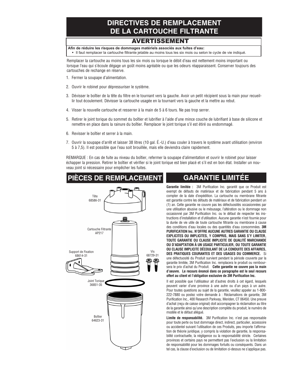 Pièces de remplacement garantie limitée, Avertissement | Aqua-Pure AP200 User Manual | Page 14 / 16