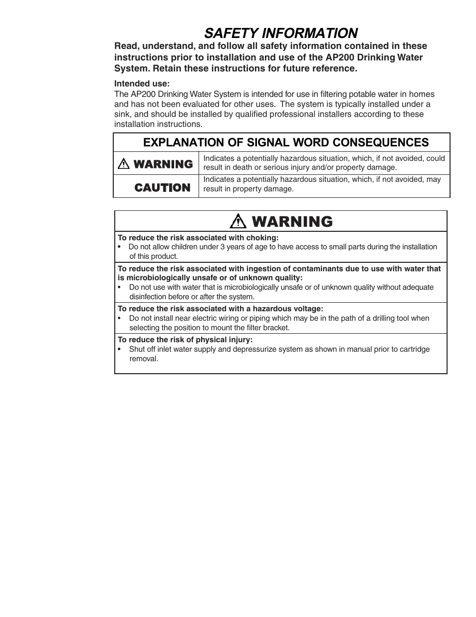 Warning, Safety information, Explanation of signal word consequences | Aqua-Pure AP200 User Manual | Page 2 / 16