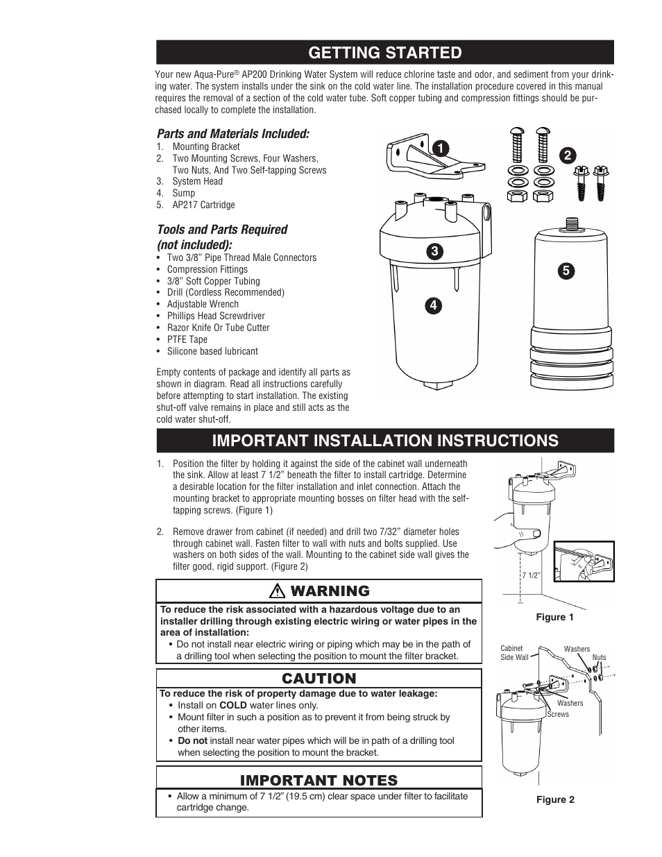 Getting started, Important installation instructions, Caution | Warning, Parts and materials included, Tools and parts required (not included) | Aqua-Pure AP200 User Manual | Page 4 / 16