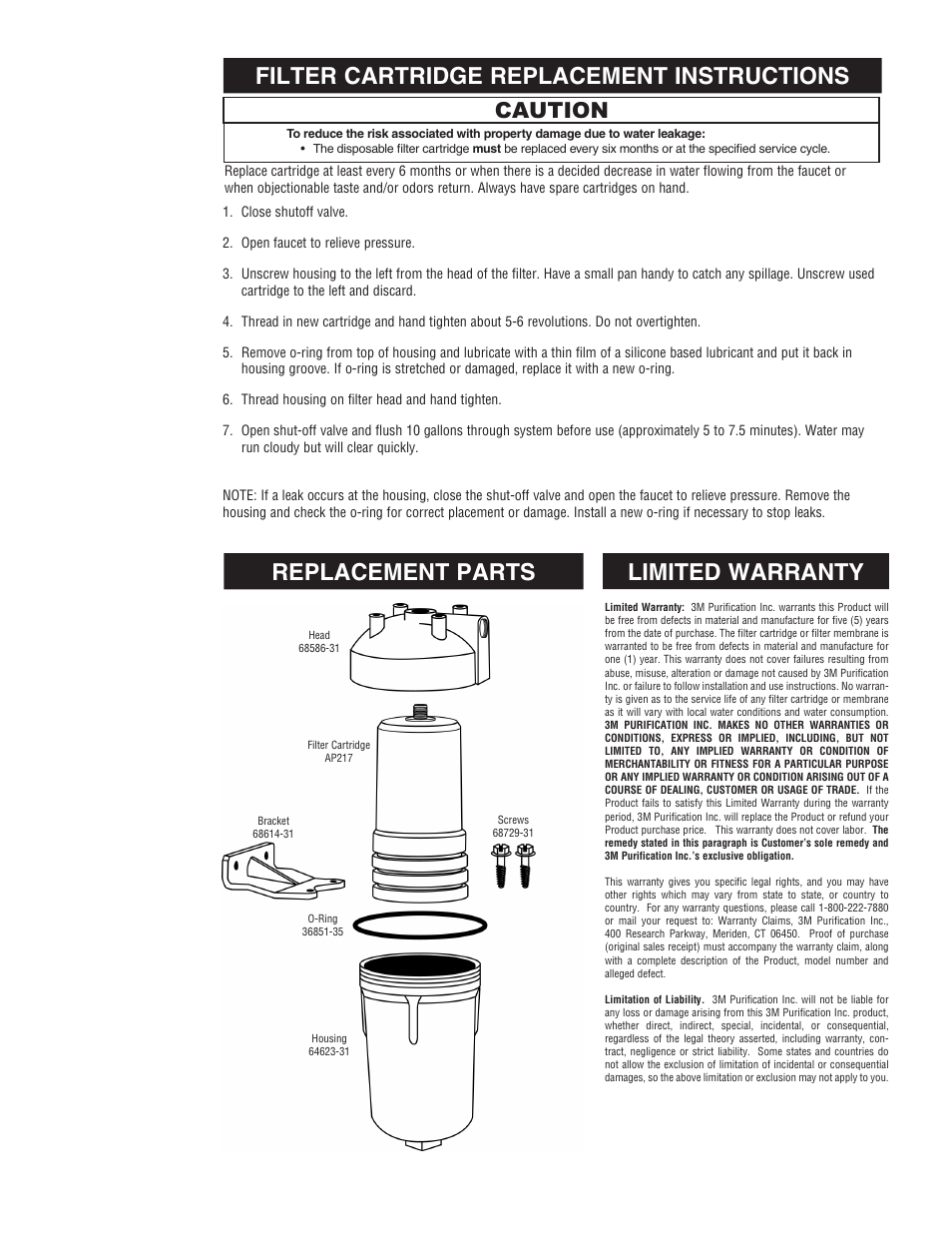 Filter cartridge replacement instructions, Replacement parts limited warranty, Caution | Aqua-Pure AP200 User Manual | Page 6 / 16