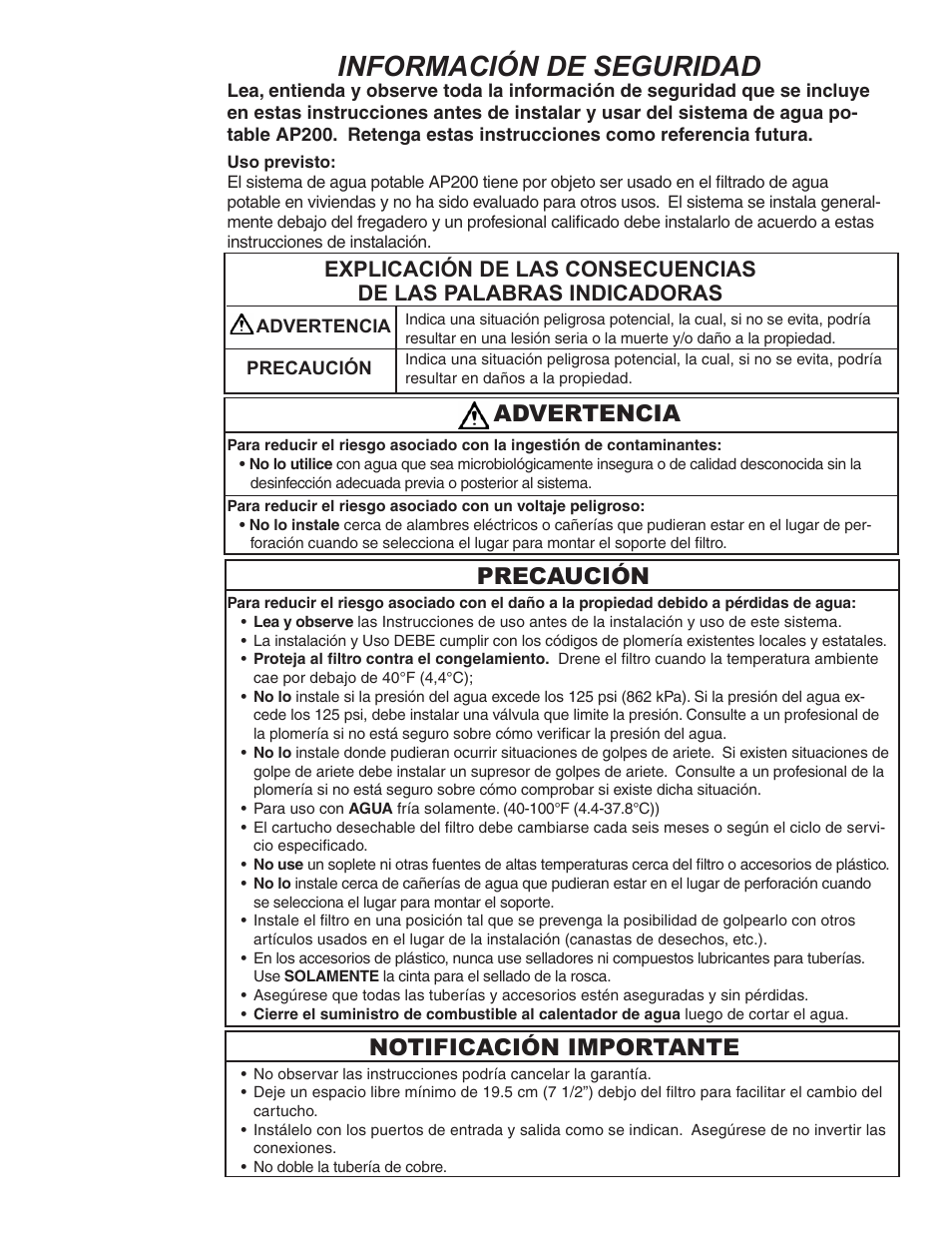 Información de seguridad, Advertencia precaución notificación importante | Aqua-Pure AP200 User Manual | Page 7 / 16