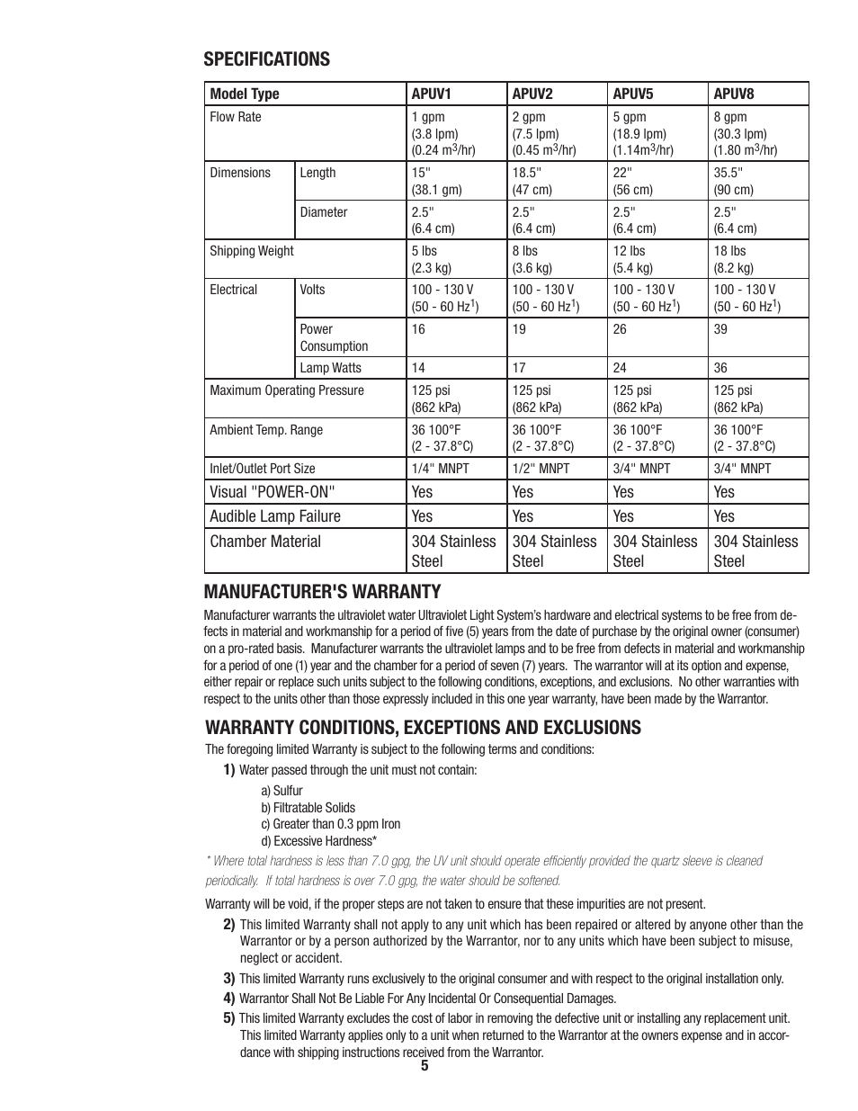 Manufacturer's warranty, Warranty conditions, exceptions and exclusions, Specifications | Aqua-Pure APUV8 User Manual | Page 6 / 7