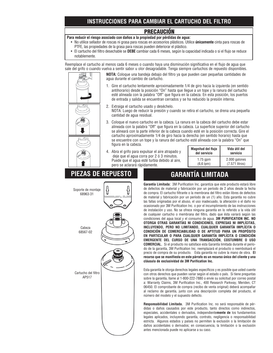 Piezas de repuesto, Garantía limitada, Instrucciones para cambiar el cartucho del filtro | Precaución | Aqua-Pure AP510 User Manual | Page 10 / 16