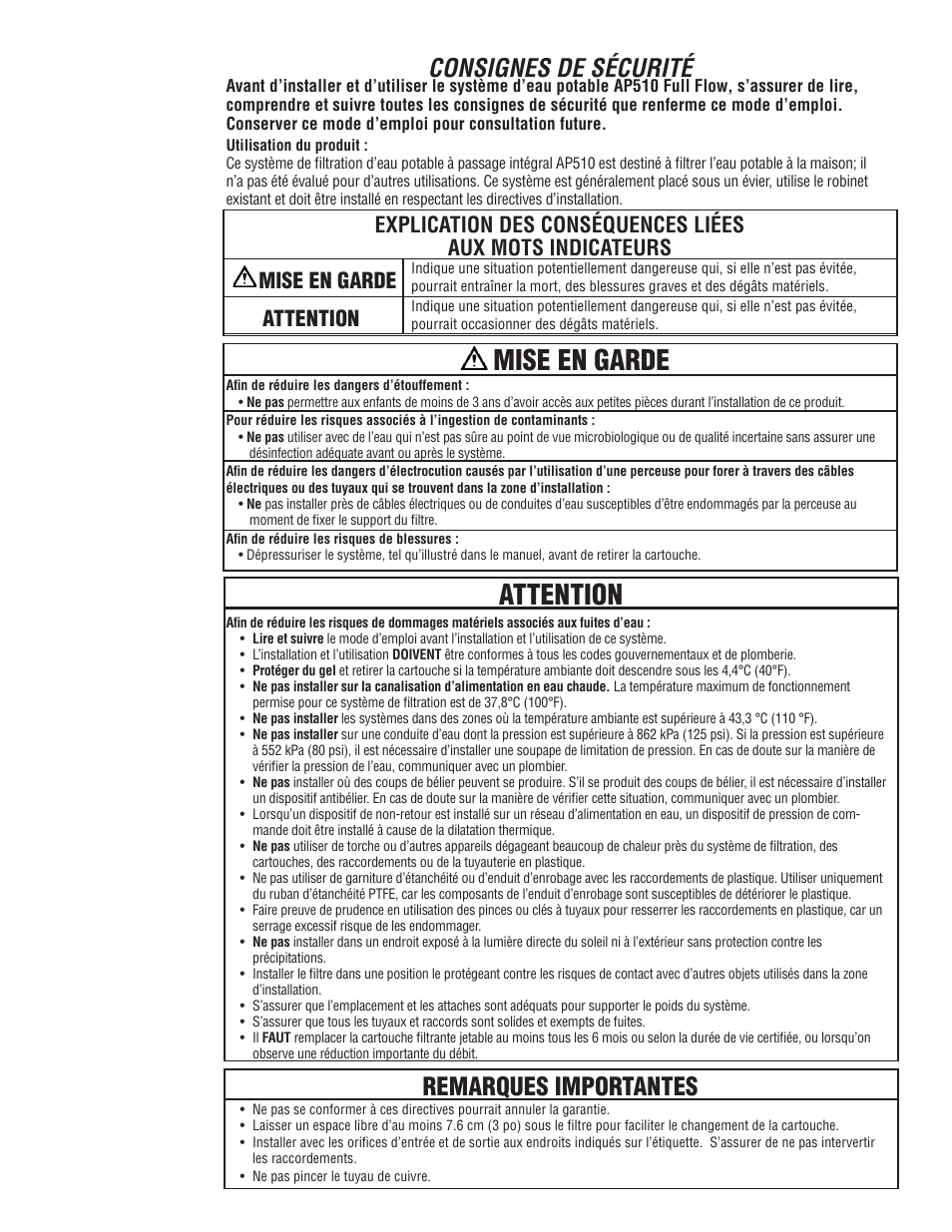 Mise en garde attention, Consignes de sécurité, Remarques importantes | Aqua-Pure AP510 User Manual | Page 11 / 16