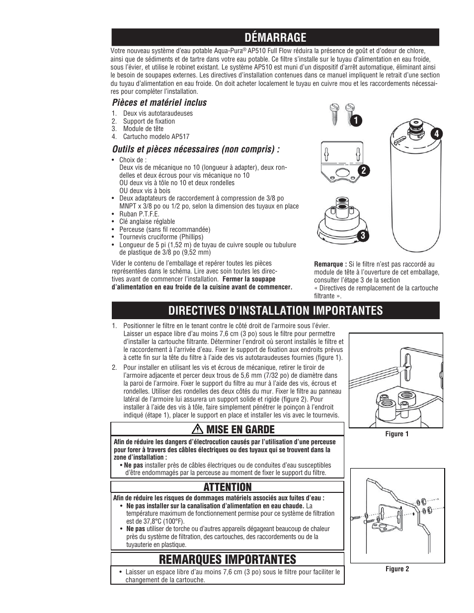 Remarques importantes, Démarrage, Directives d’installation importantes | Mise en garde attention | Aqua-Pure AP510 User Manual | Page 12 / 16