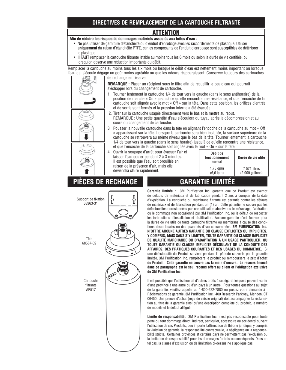 Pièces de rechange, Garantie limitée, Attention | Aqua-Pure AP510 User Manual | Page 14 / 16