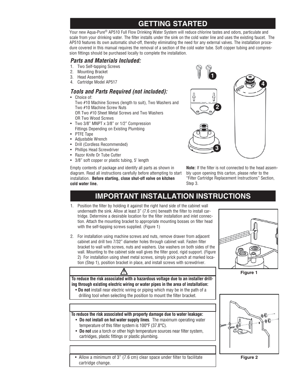 Getting started, Important installation instructions, Caution | Warning | Aqua-Pure AP510 User Manual | Page 4 / 16