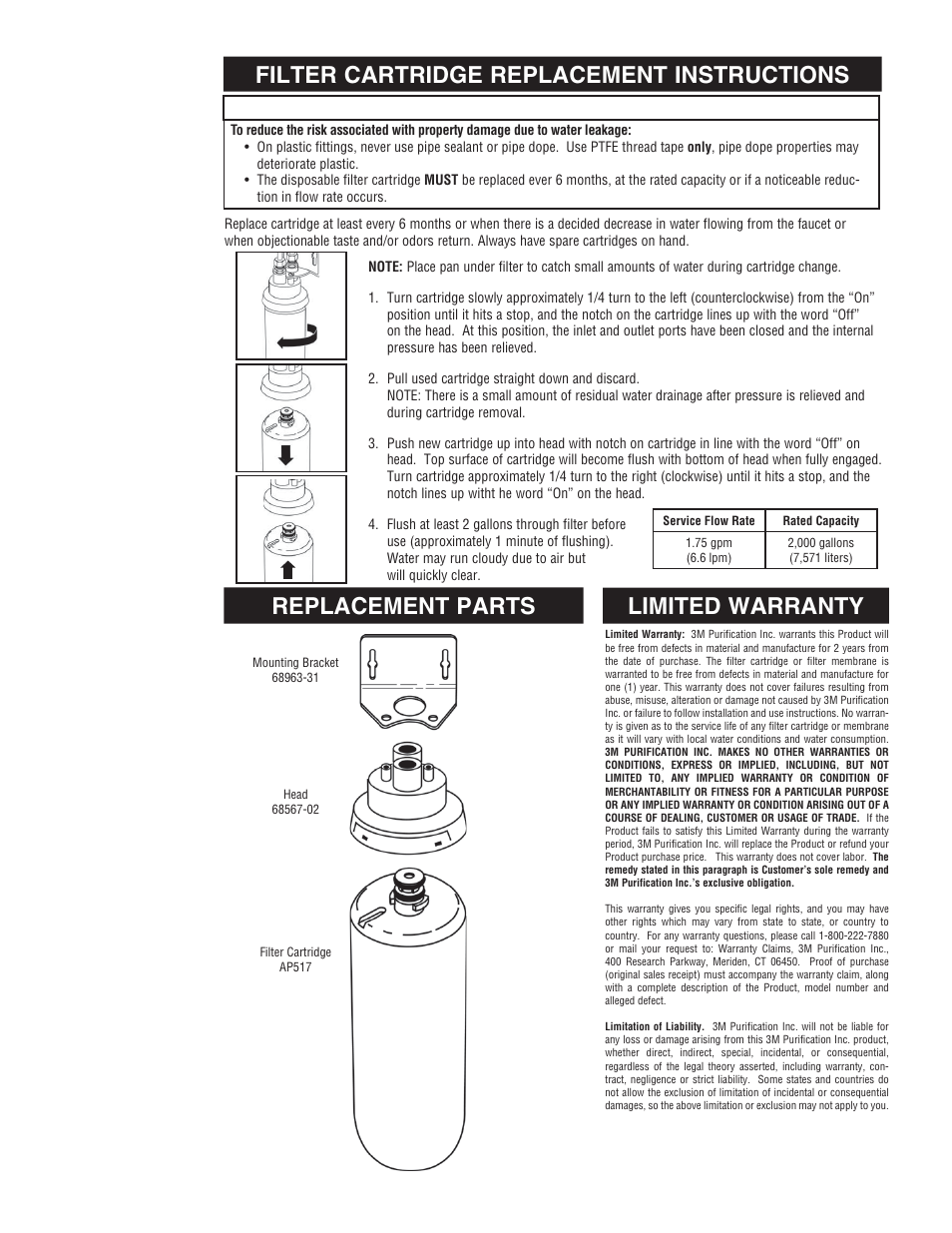 Filter cartridge replacement instructions, Replacement parts, Limited warranty | Caution | Aqua-Pure AP510 User Manual | Page 6 / 16