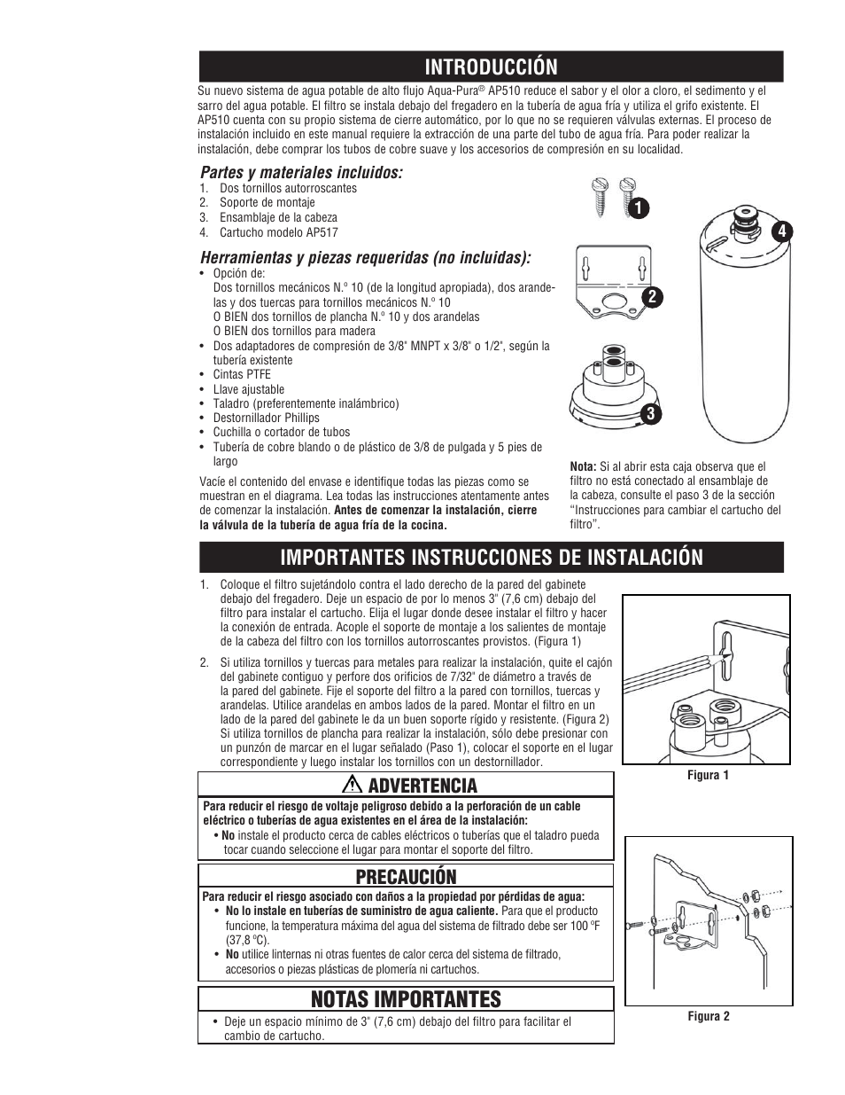 Notas importantes, Introducción, Importantes instrucciones de instalación | Advertencia precaución | Aqua-Pure AP510 User Manual | Page 8 / 16