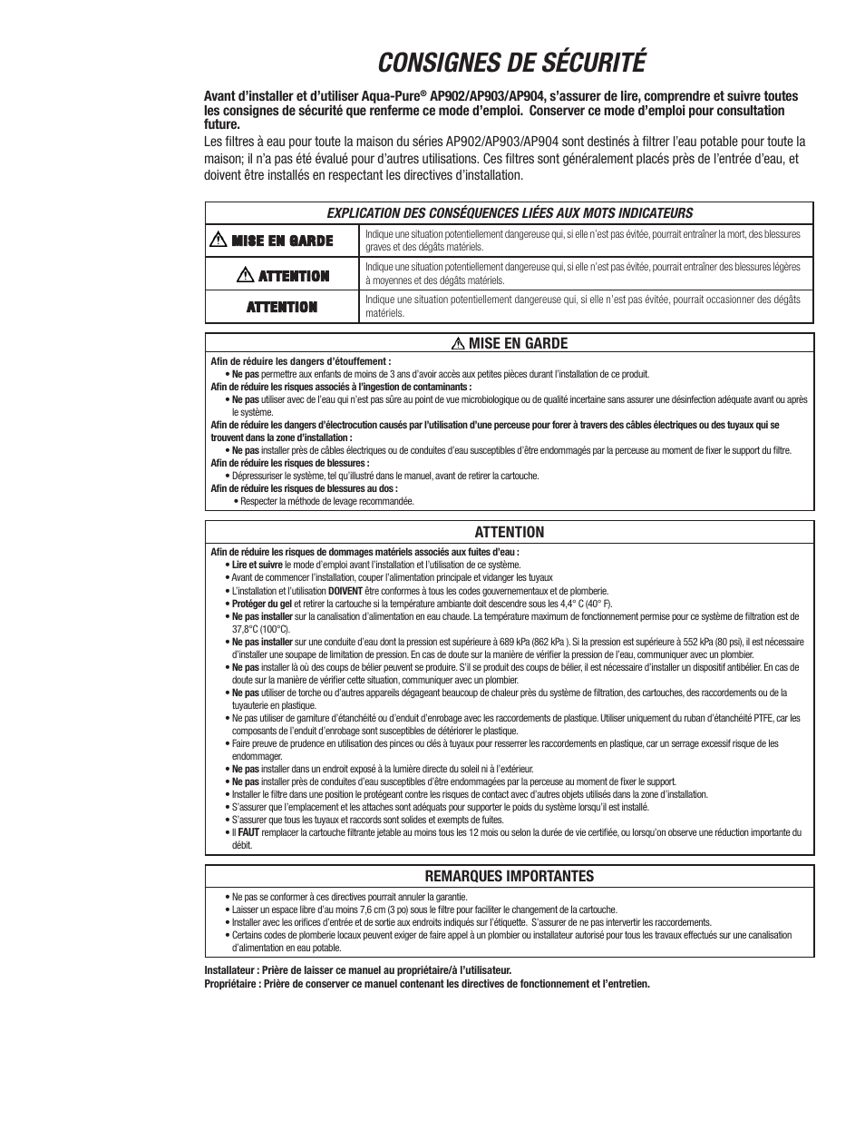 Consignes de sécurité, Mise en garde, Attention | Remarques importantes | Aqua-Pure AP903 User Manual | Page 11 / 16