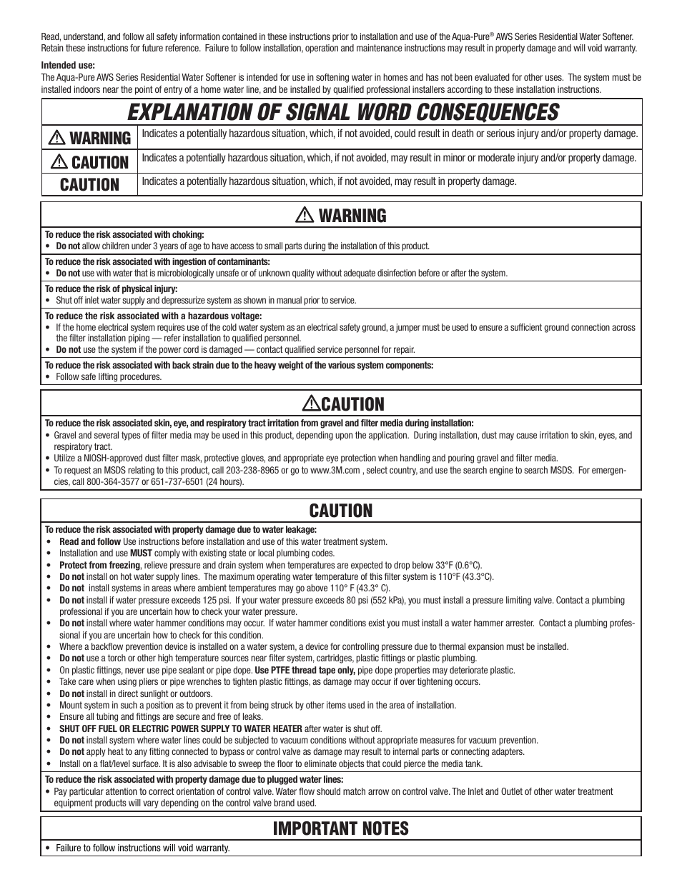 Explanation of signal word consequences, Safety information, Warning | Caution | Aqua-Pure AWS150M User Manual | Page 3 / 36