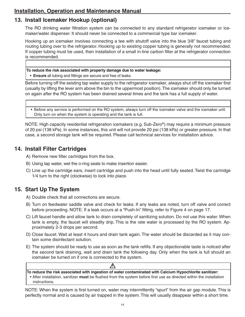 Installation, operation and maintenance manual, Install icemaker hookup (optional), Install filter cartridges | Start up the system, Warning caution | Aqua-Pure AP-RO5500 User Manual | Page 12 / 20