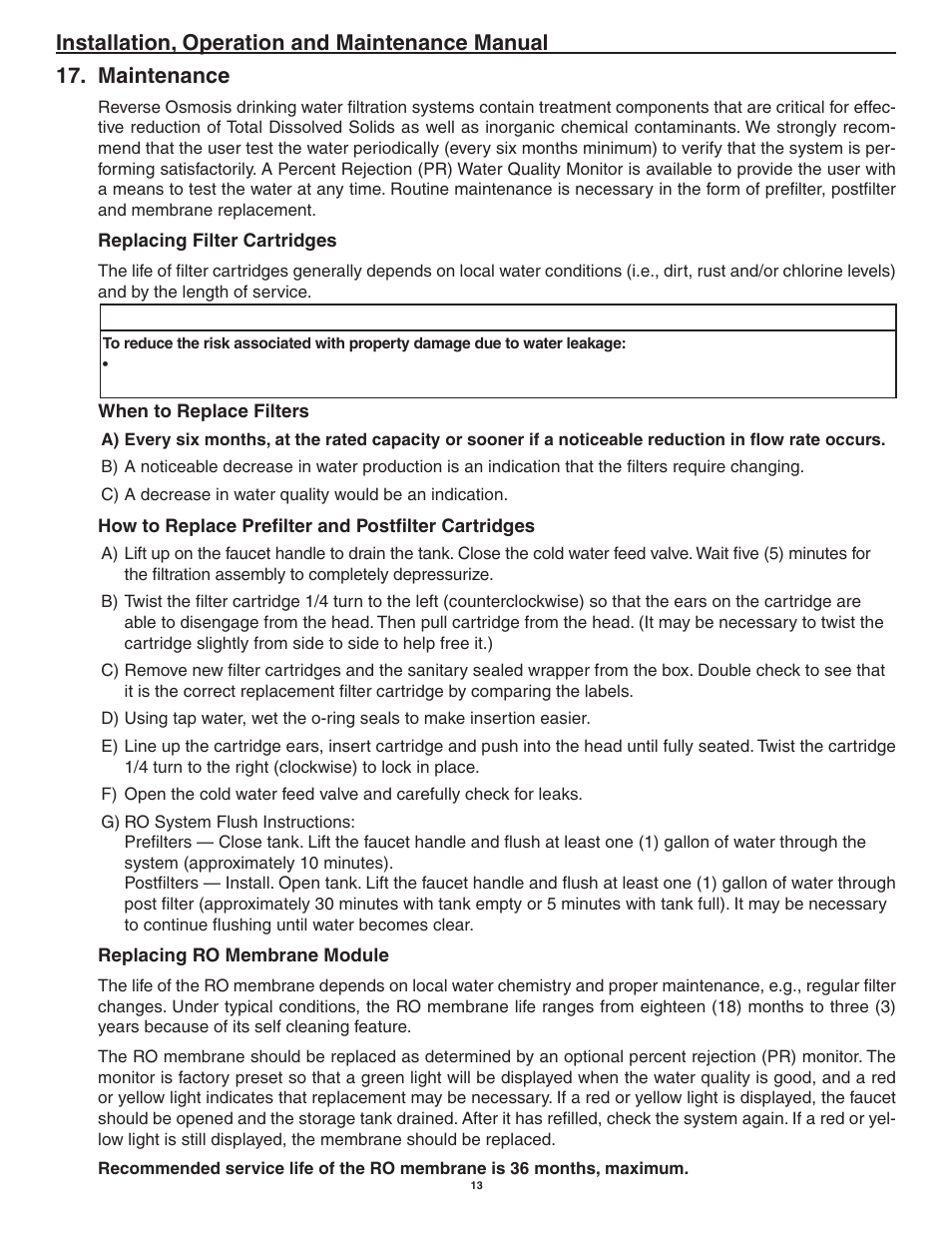 Installation, operation and maintenance manual, Maintenance, Caution | Aqua-Pure AP-RO5500 User Manual | Page 14 / 20