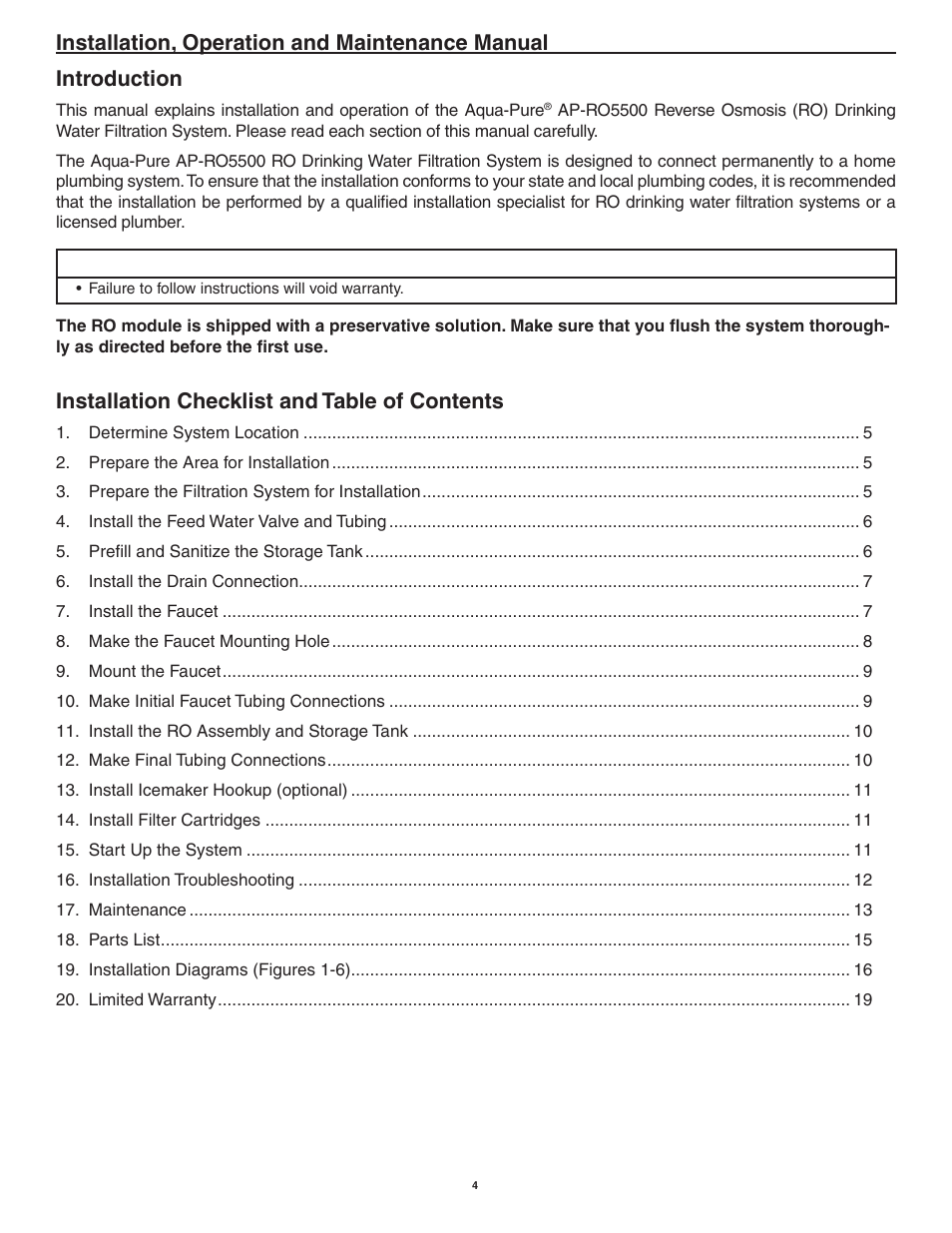 Installation, operation and maintenance manual, Introduction, Installation checklist and table of contents | Aqua-Pure AP-RO5500 User Manual | Page 5 / 20