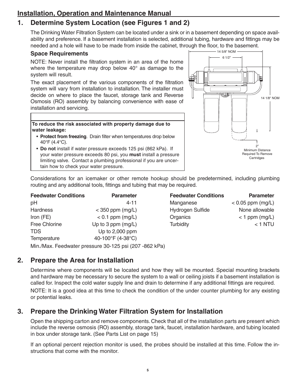 Installation, operation and maintenance manual, Determine system location (see figures 1 and 2), Prepare the area for installation | Caution | Aqua-Pure AP-RO5500 User Manual | Page 6 / 20