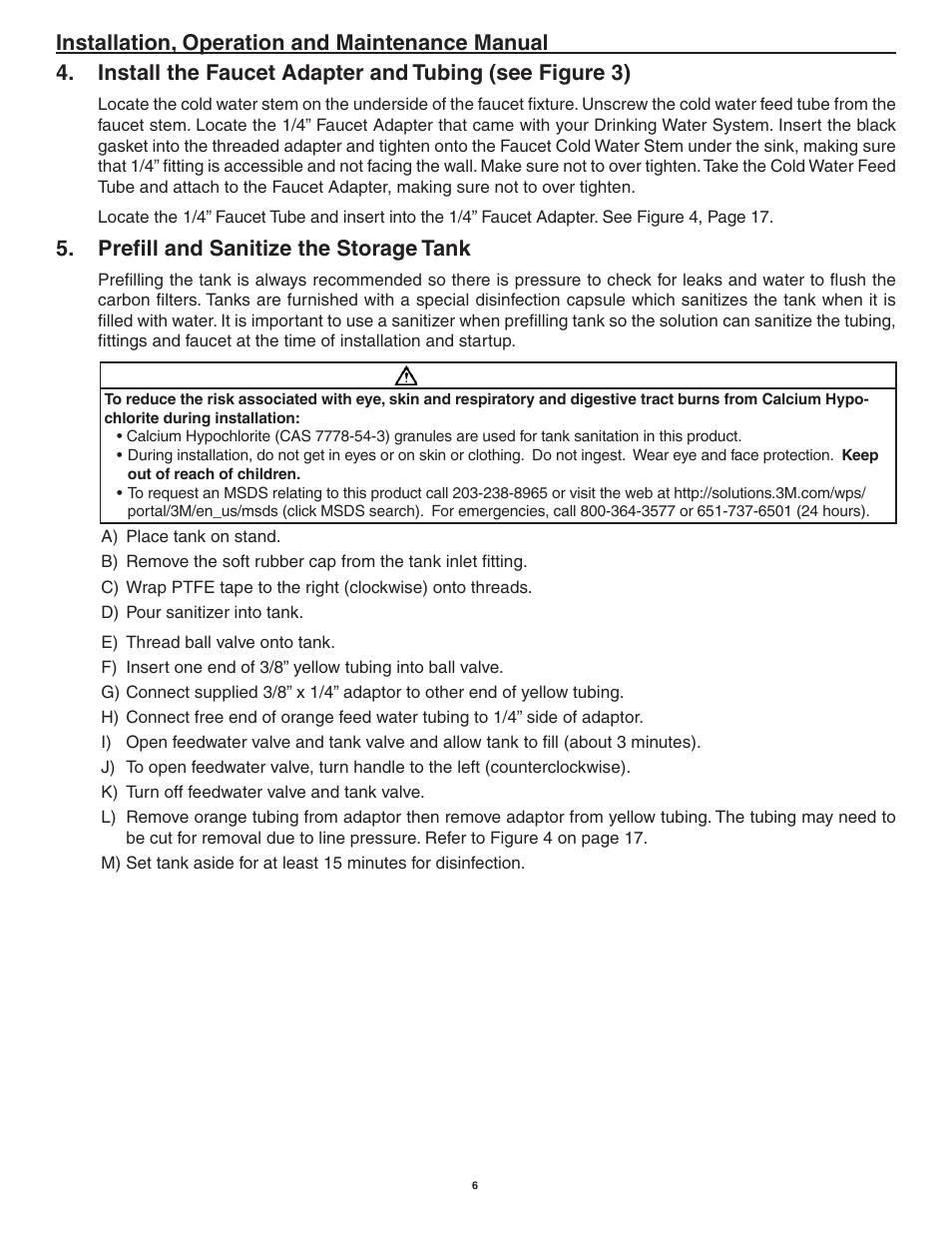 Installation, operation and maintenance manual, Prefi ll and sanitize the storage tank, Warning | Aqua-Pure AP-RO5500 User Manual | Page 7 / 20