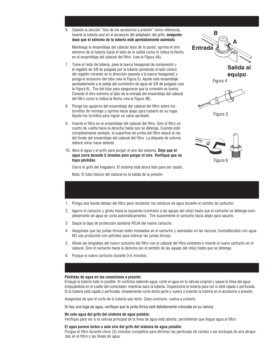 Guía de desperfectos, Entrada salida al equipo b a | Aqua-Pure Cyst-FF User Manual | Page 10 / 16