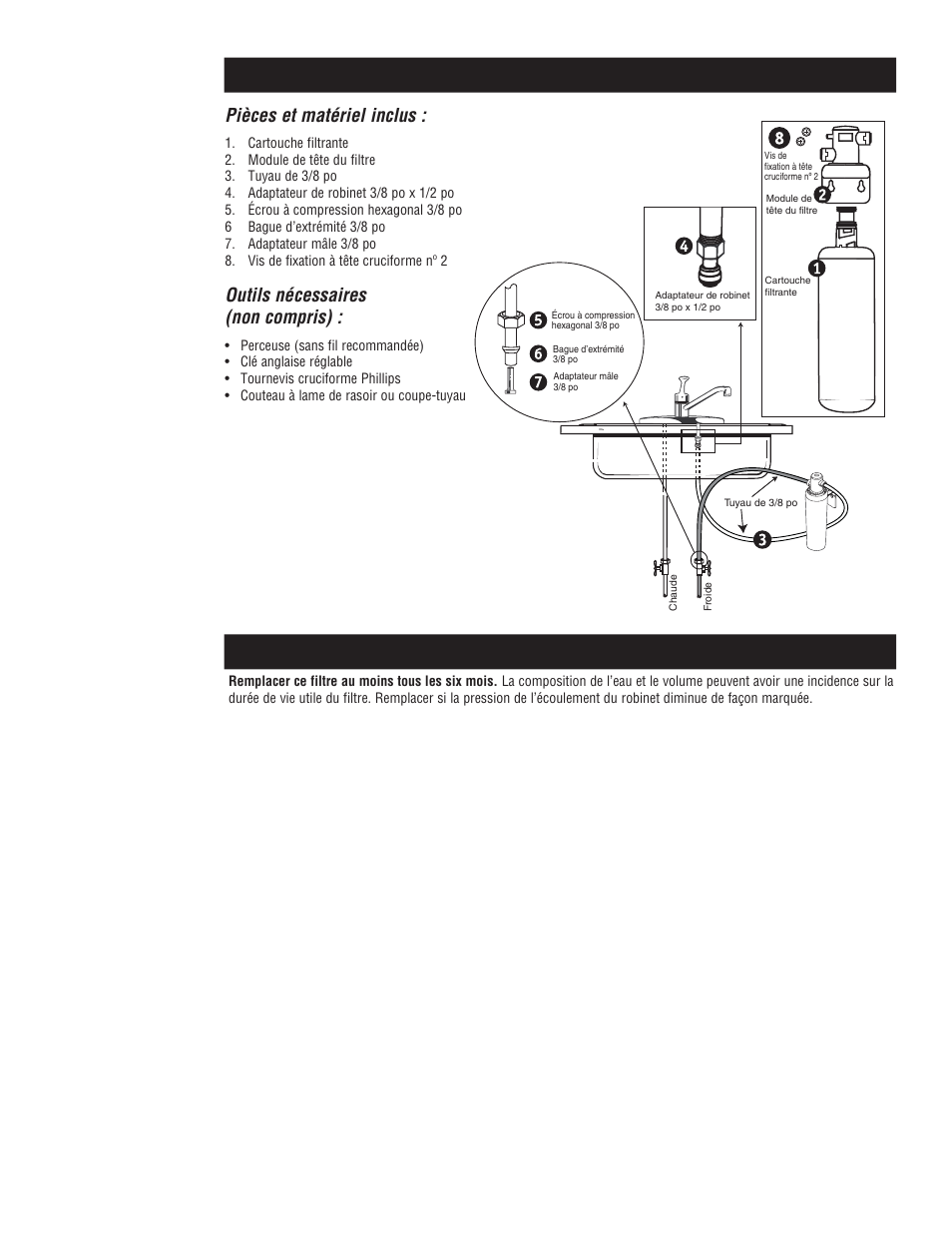 Démarrage, Remplacement du filtre, Pièces et matériel inclus | Outils nécessaires (non compris) | Aqua-Pure Cyst-FF User Manual | Page 12 / 16