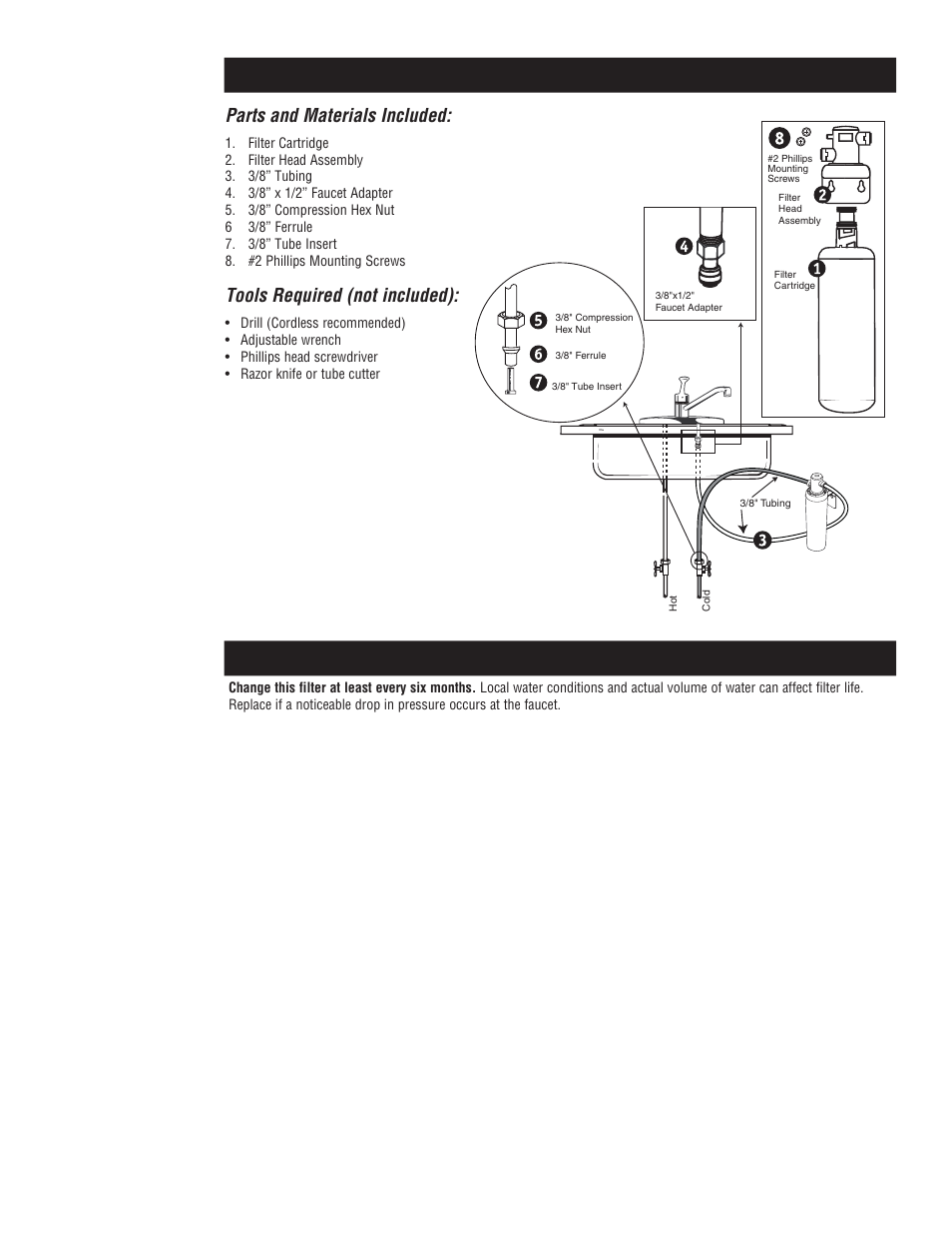 Getting started, Filter replacement, Parts and materials included | Tools required (not included) | Aqua-Pure Cyst-FF User Manual | Page 4 / 16