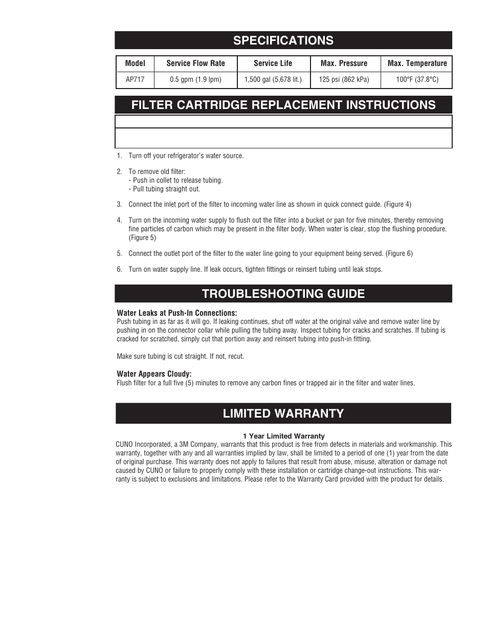 Filter cartridge replacement instructions, Troubleshooting guide, Limited warranty specifications | Caution | Aqua-Pure AP717 User Manual | Page 5 / 12