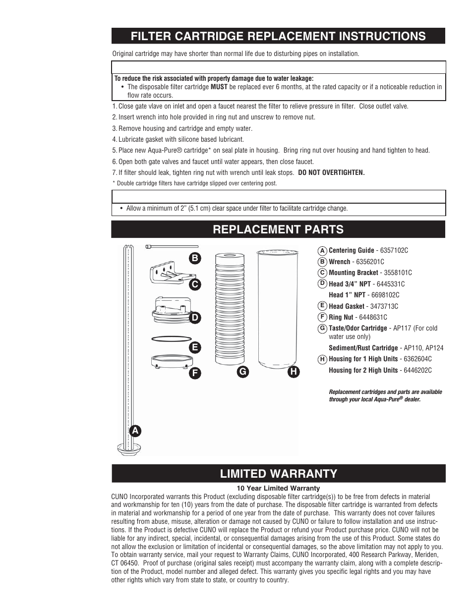 Replacement parts, Caution | Aqua-Pure SST2HB User Manual | Page 7 / 20