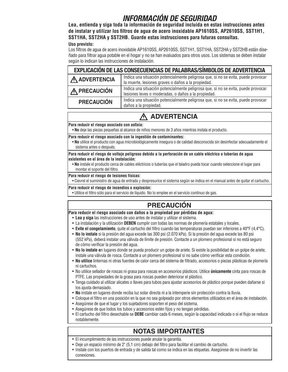 Información de seguridad, Advertencia, Precaución notas importantes | Aqua-Pure SST2HB User Manual | Page 8 / 20