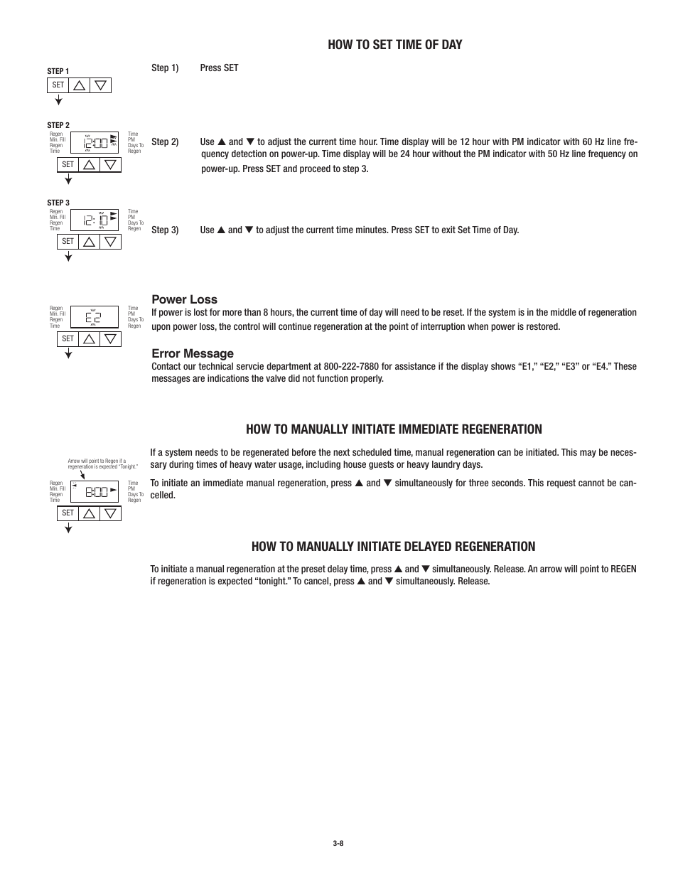How to set time of day, How to manually initiate immediate regeneration, How to manually initiate delayed regeneration | Power loss, Error message | Aqua-Pure APIF100 User Manual | Page 16 / 36