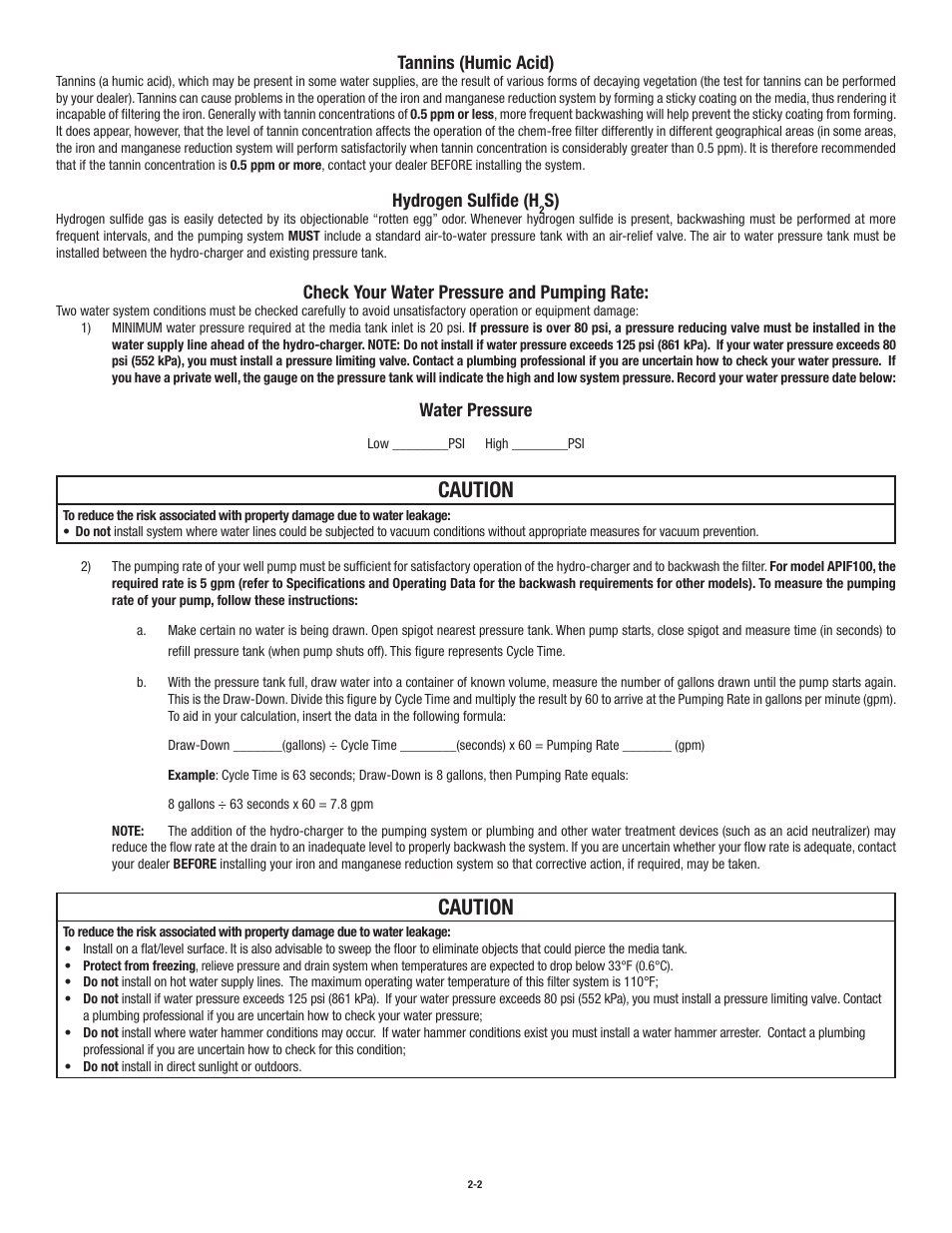 Caution, Tannins (humic acid), Hydrogen sulfi de (h | Check your water pressure and pumping rate, Water pressure | Aqua-Pure APIF100 User Manual | Page 6 / 36