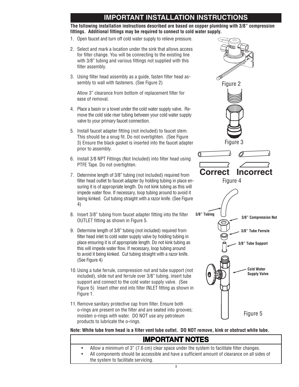 Correct incorrect, Important installation instructions | Aqua-Pure 3MFF100 User Manual | Page 5 / 8