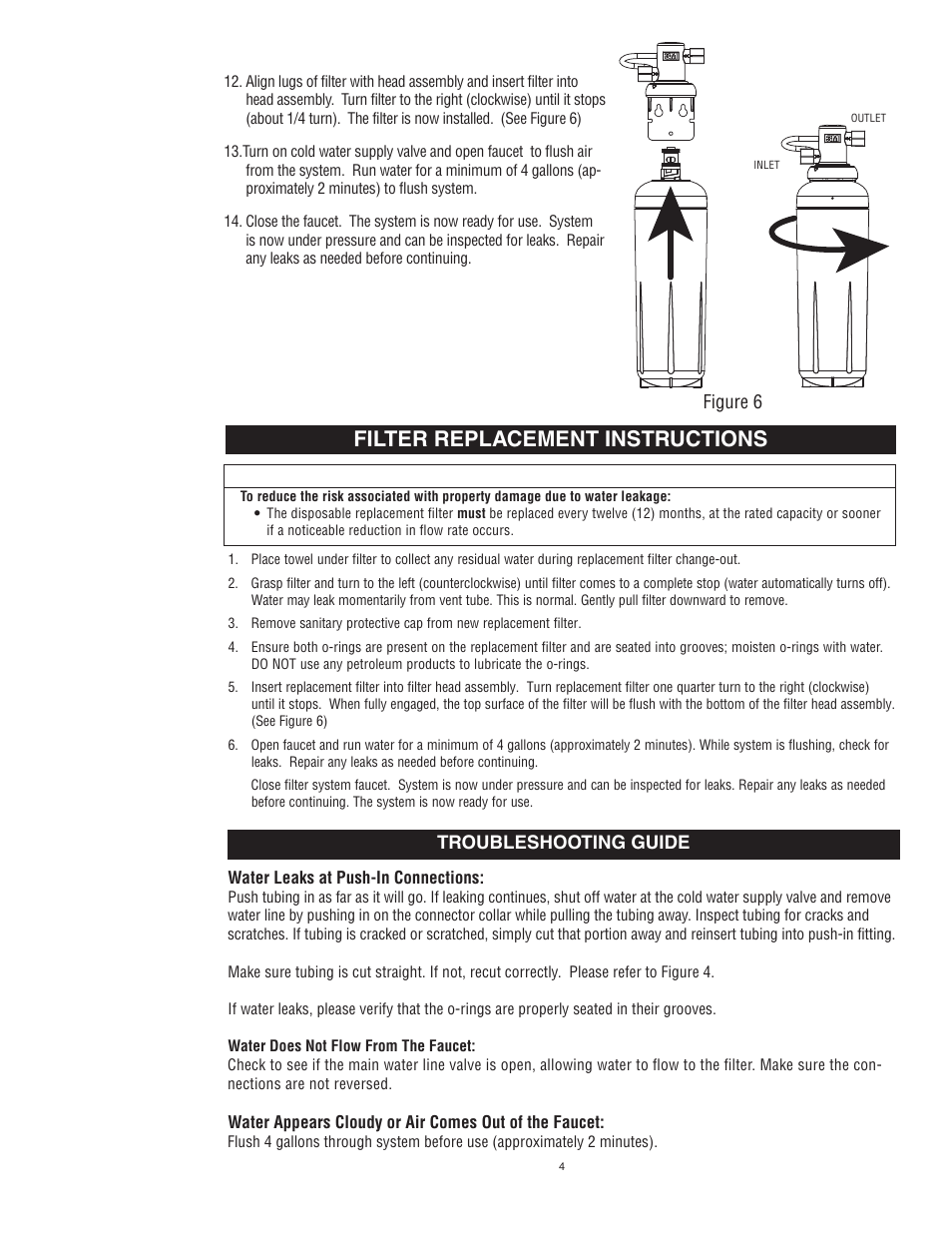 Filter replacement instructions, Figure 6, Troubleshooting guide | Aqua-Pure 3MFF100 User Manual | Page 6 / 8